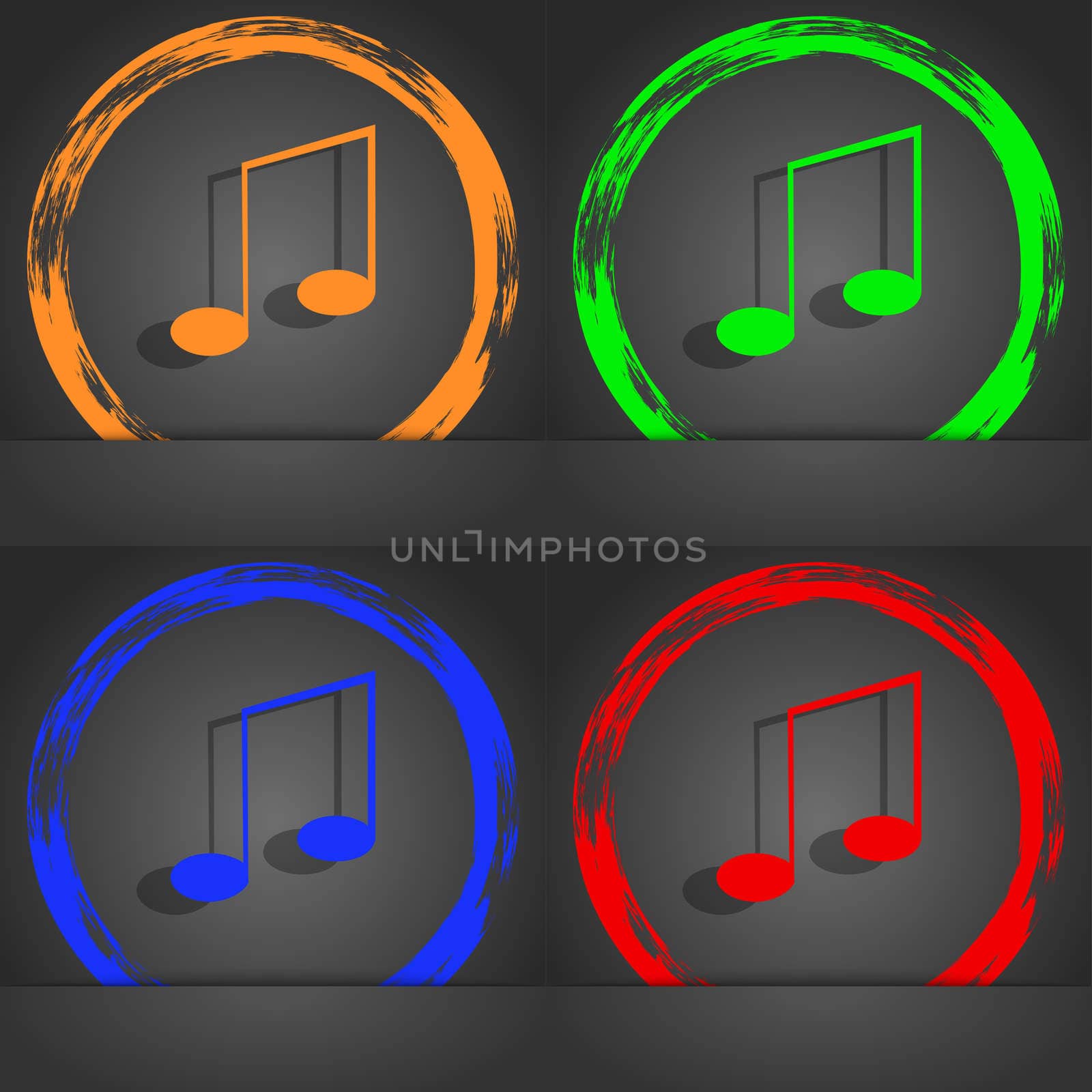 Music note sign icon. Musical symbol. Fashionable modern style. In the orange, green, blue, red design. illustration