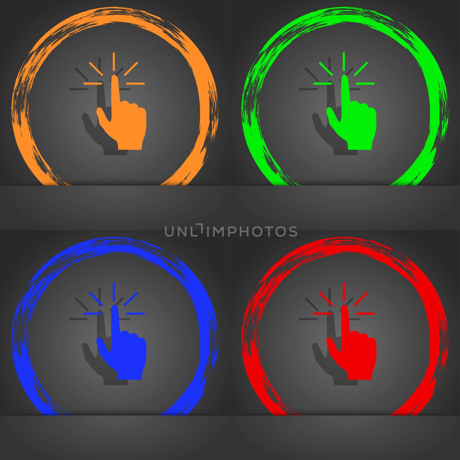 Click here hand icon sign. Fashionable modern style. In the orange, green, blue, red design. illustration