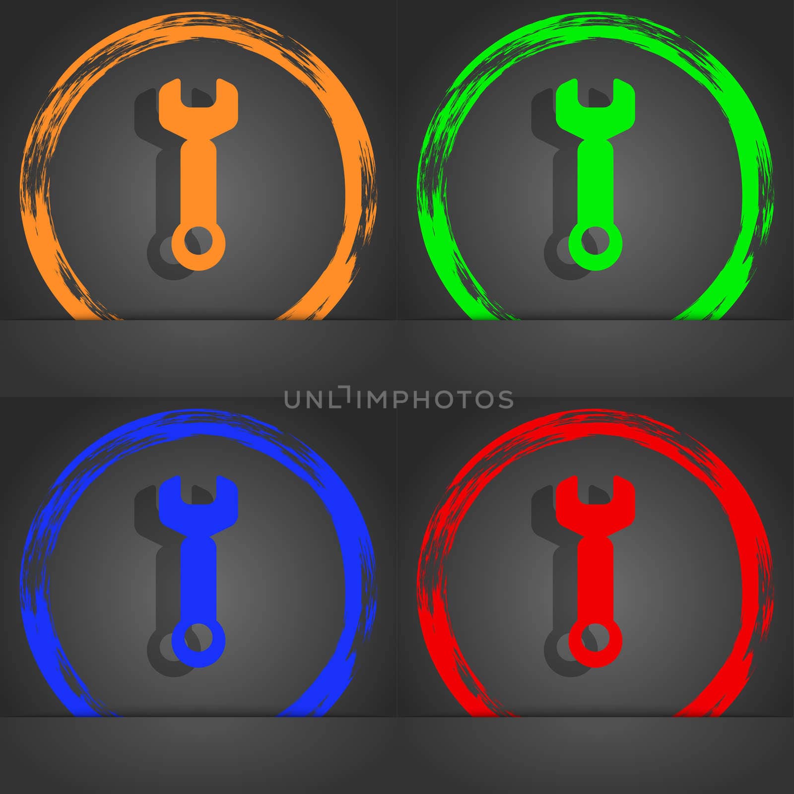 Wrench key sign icon. Service tool symbol. Fashionable modern style. In the orange, green, blue, red design. illustration