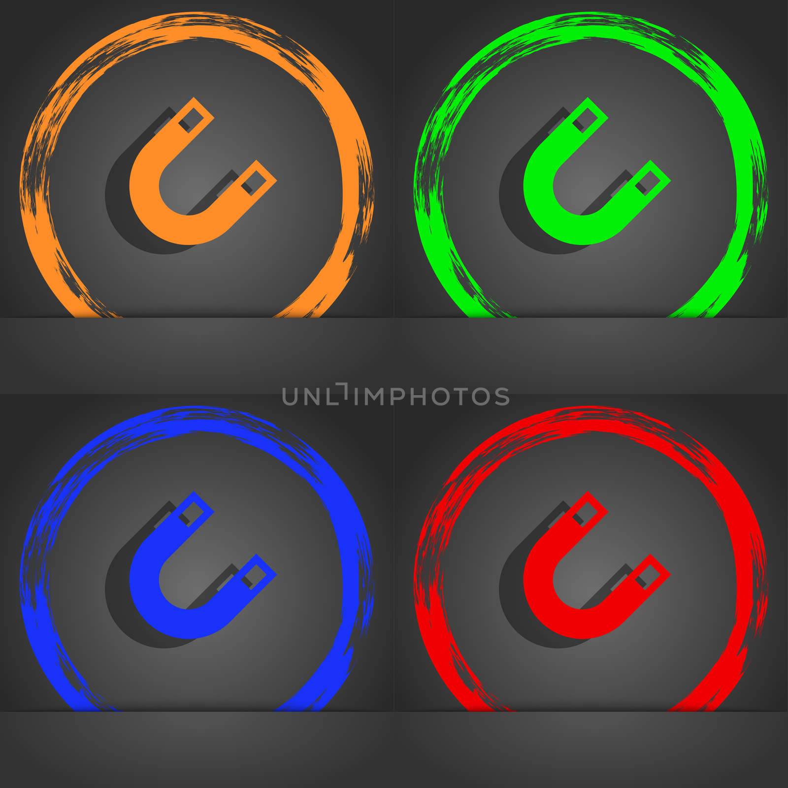 magnet, horseshoe icon symbol. Fashionable modern style. In the orange, green, blue, green design.  by serhii_lohvyniuk