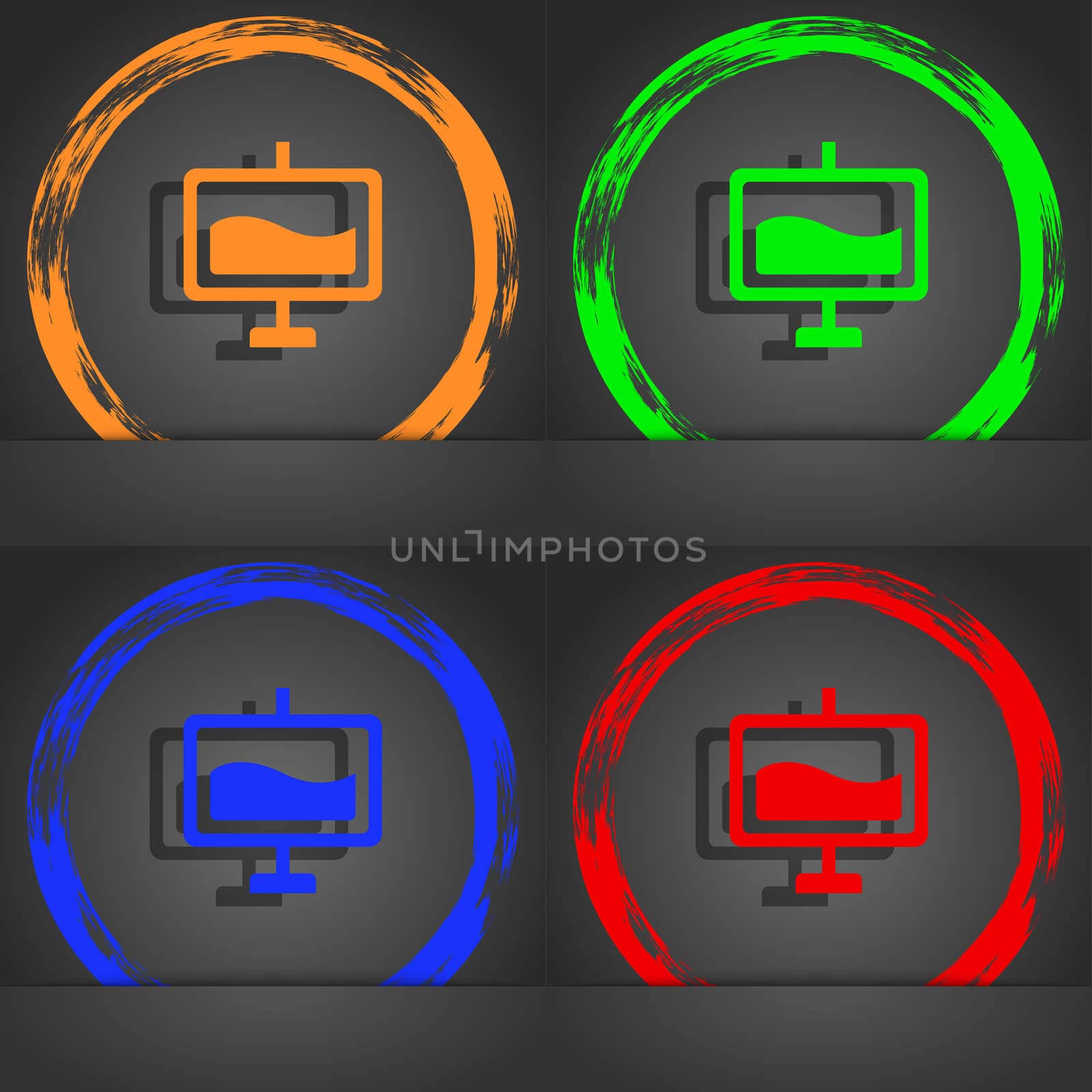 Presentation billboard icon symbol. Fashionable modern style. In the orange, green, blue, green design. illustration