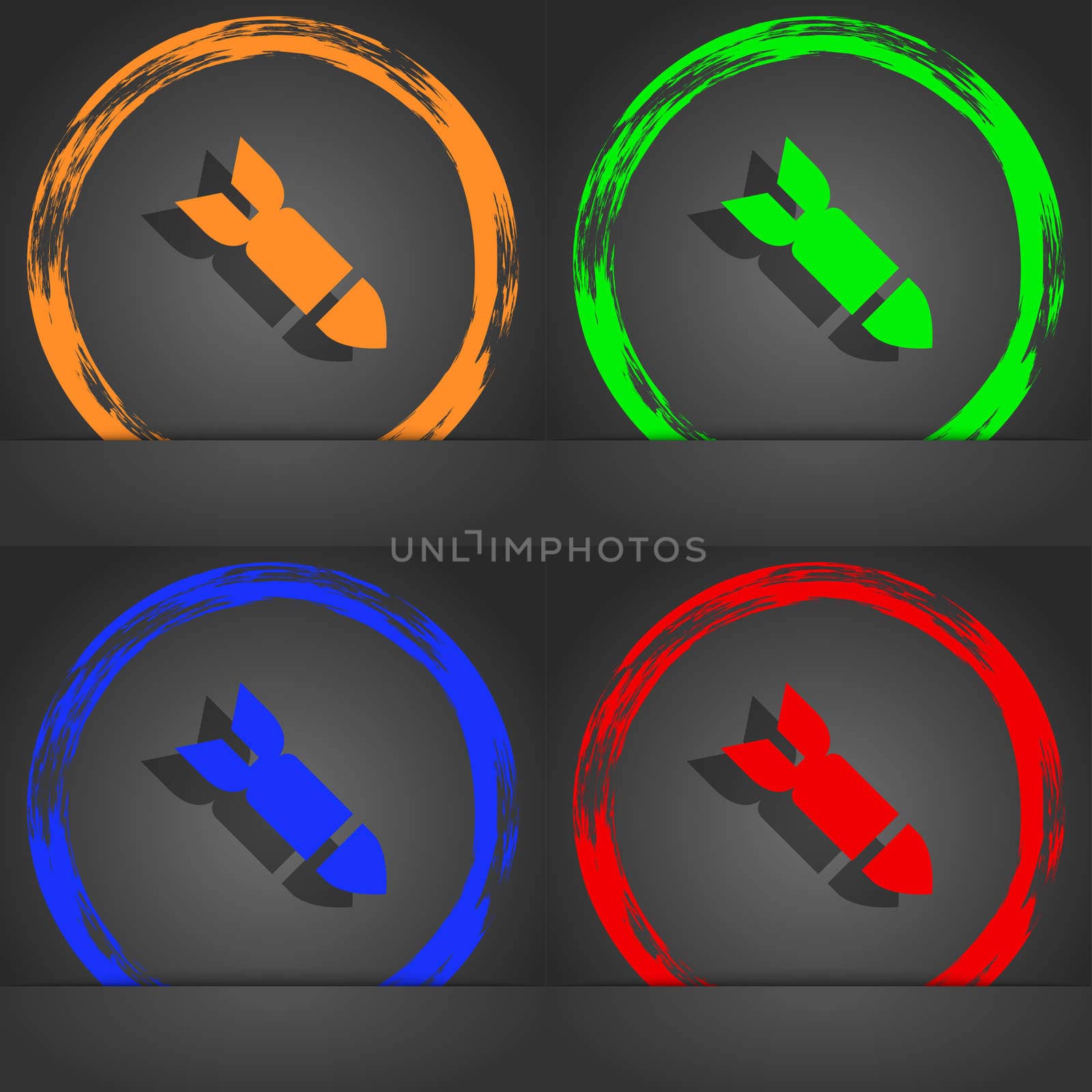 Missile,Rocket weapon icon symbol. Fashionable modern style. In the orange, green, blue, green design.  by serhii_lohvyniuk