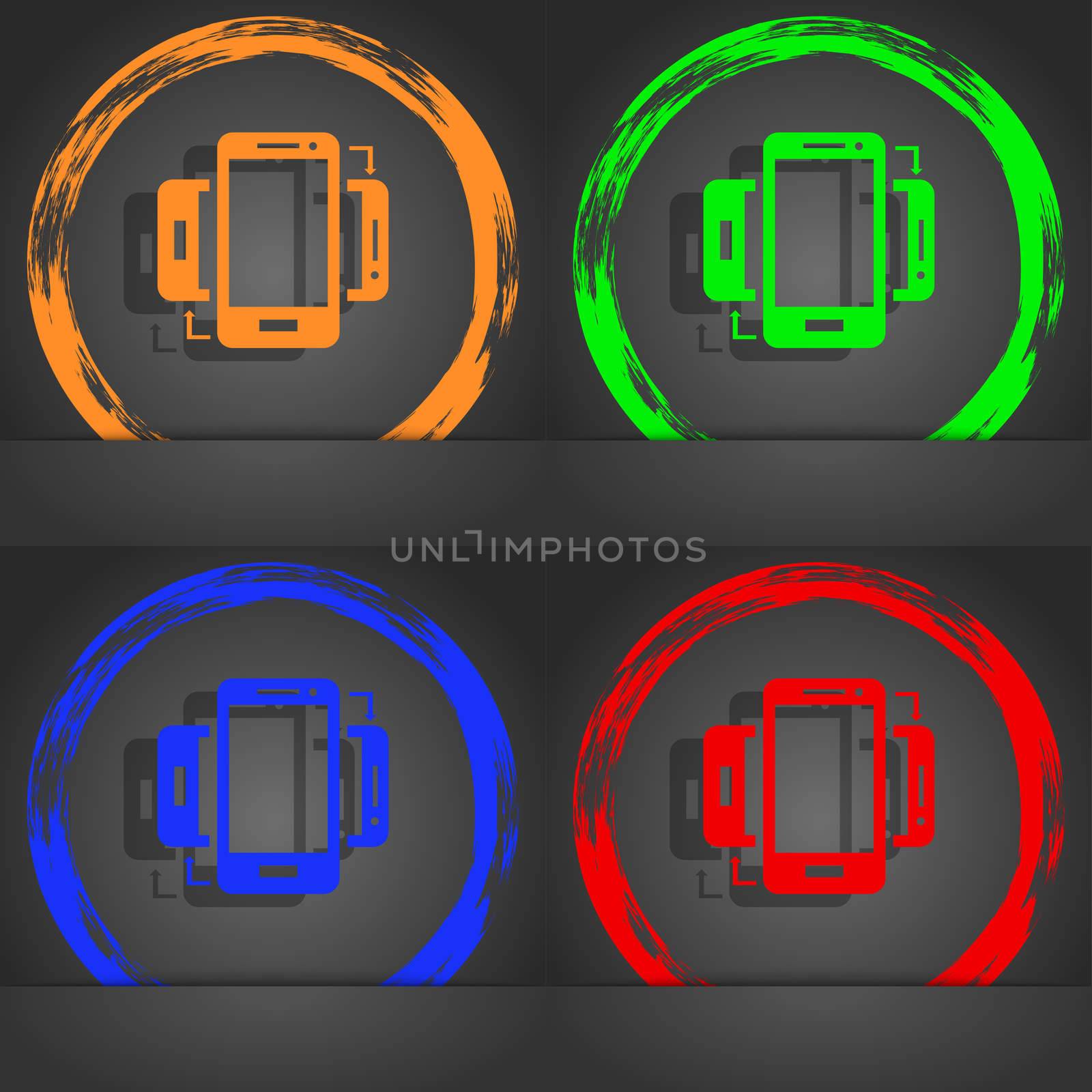 Synchronization sign icon. smartphones sync symbol. Data exchange. Fashionable modern style. In the orange, green, blue, red design. illustration