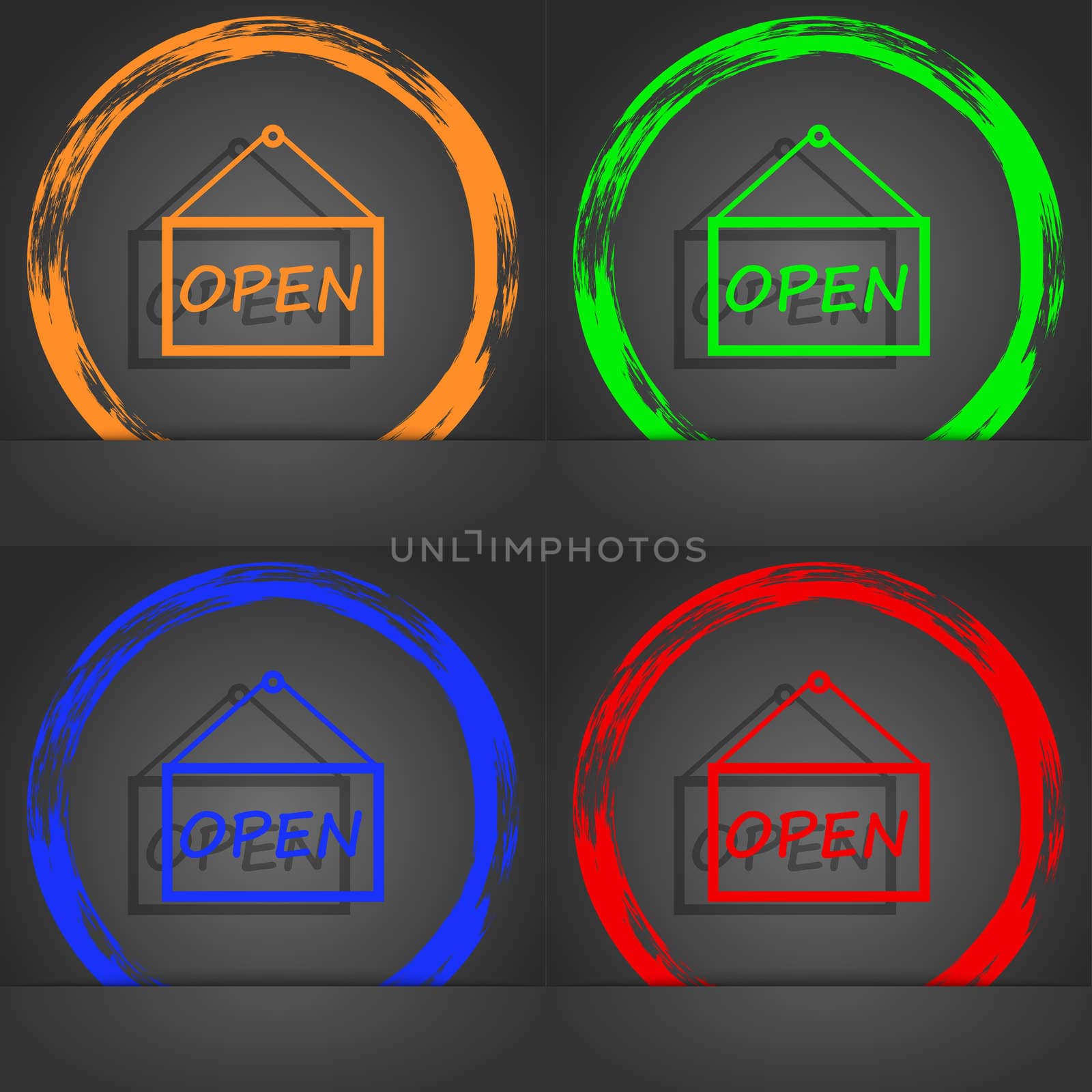 open icon sign. Fashionable modern style. In the orange, green, blue, red design.  by serhii_lohvyniuk
