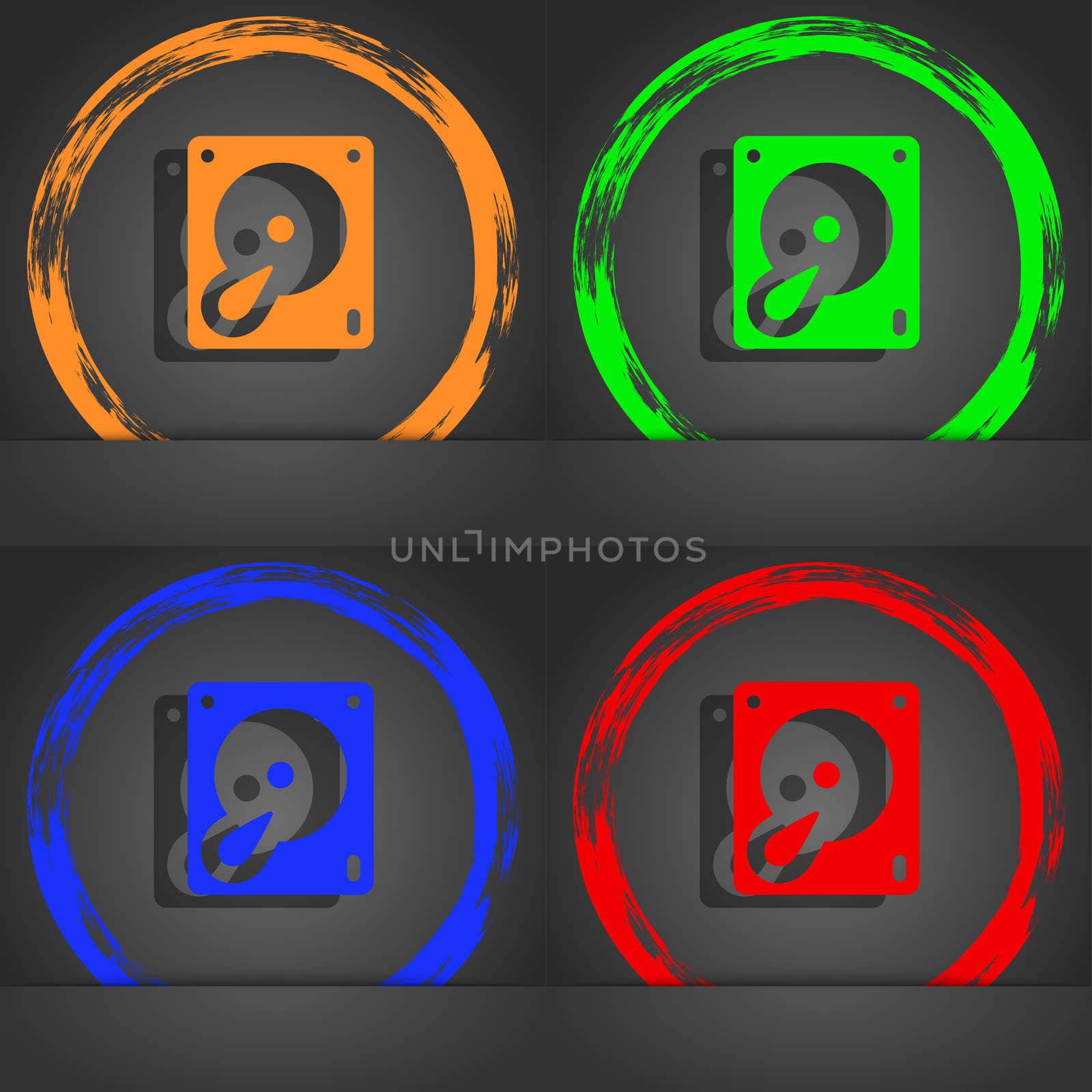 Hard disk and database icon symbol. Fashionable modern style. In the orange, green, blue, green design. illustration