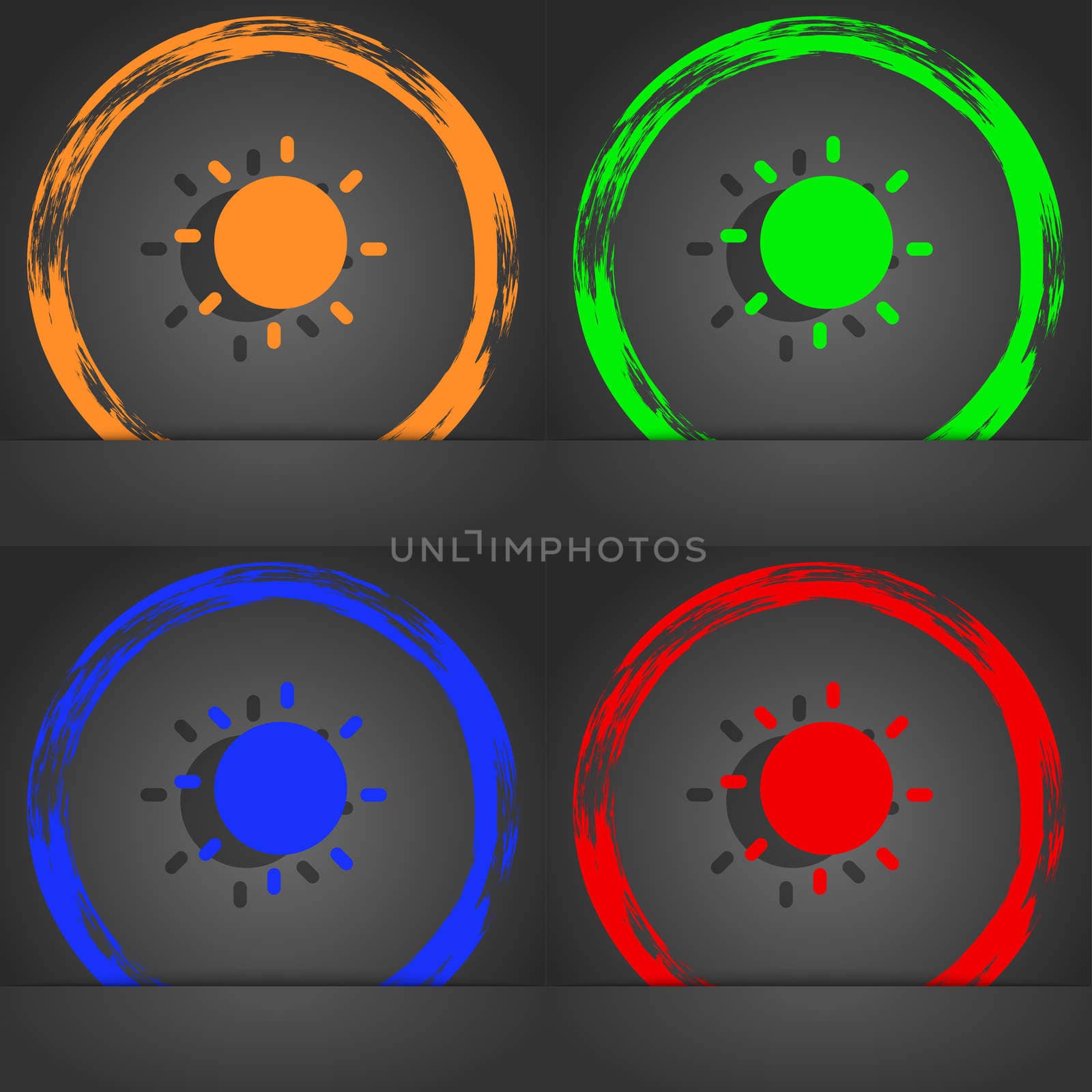 Sun icon symbol. Fashionable modern style. In the orange, green, blue, green design. illustration