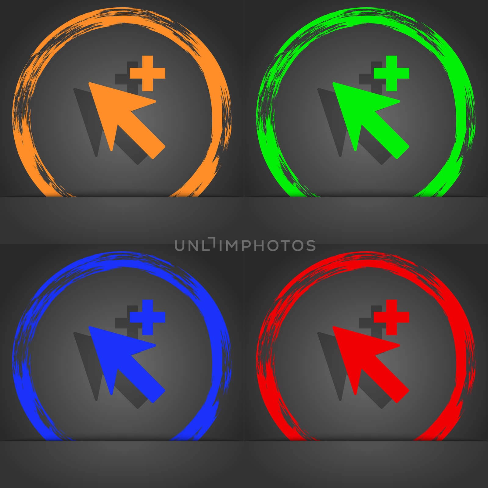 Cursor, arrow plus, add icon sign. Fashionable modern style. In the orange, green, blue, red design. illustration