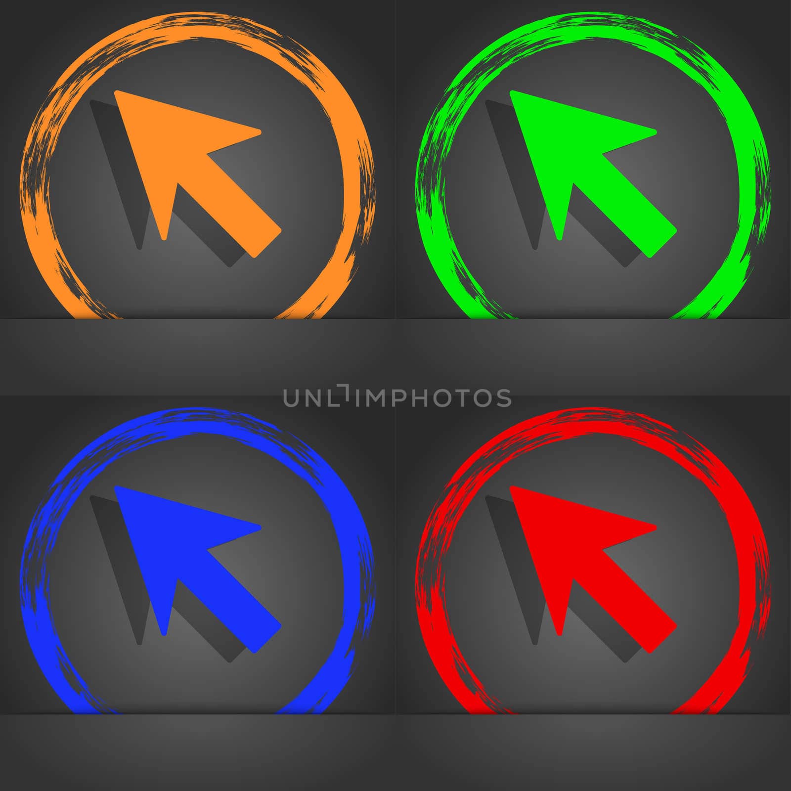 Cursor, arrow icon sign. Fashionable modern style. In the orange, green, blue, red design. illustration