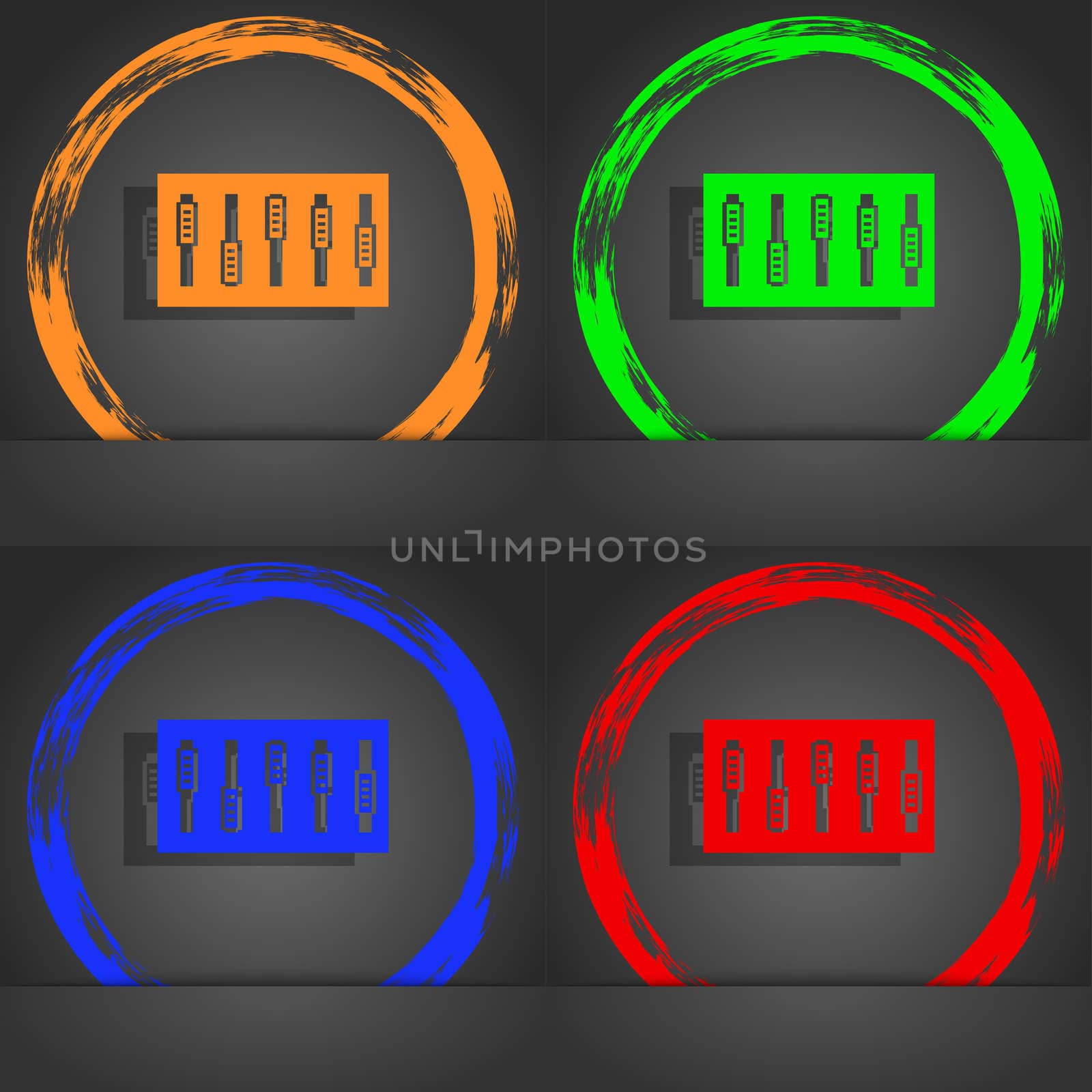 Dj console mix handles and buttons icon symbol. Fashionable modern style. In the orange, green, blue, red design. illustration