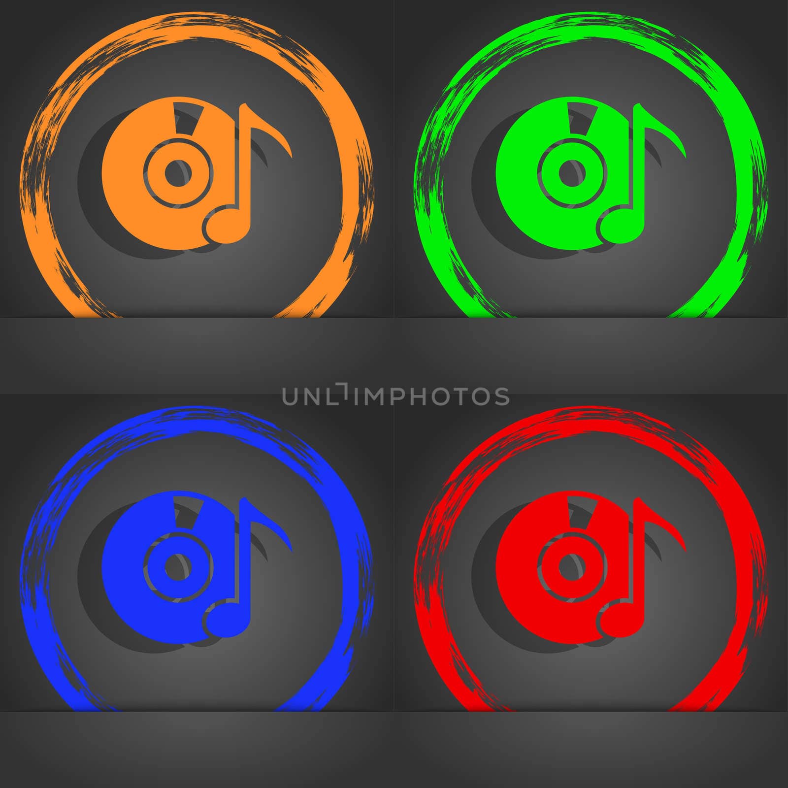 CD or DVD icon sign. Fashionable modern style. In the orange, green, blue, red design. illustration