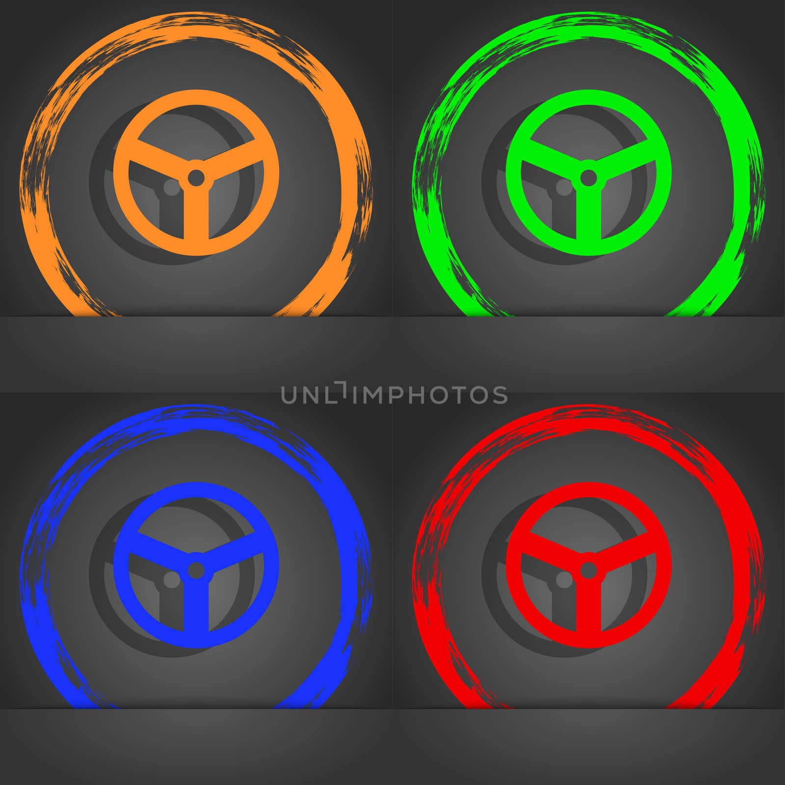 Steering wheel icon sign. Fashionable modern style. In the orange, green, blue, red design. illustration