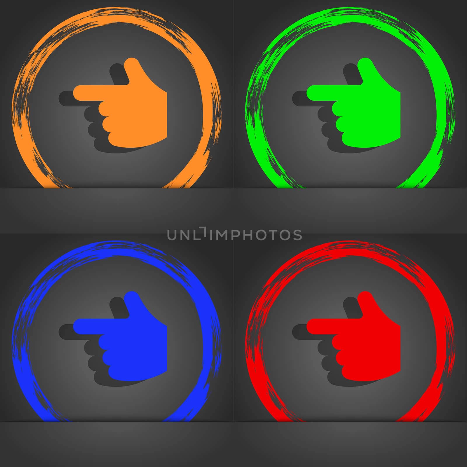 pointing hand icon symbol. Fashionable modern style. In the orange, green, blue, green design. illustration