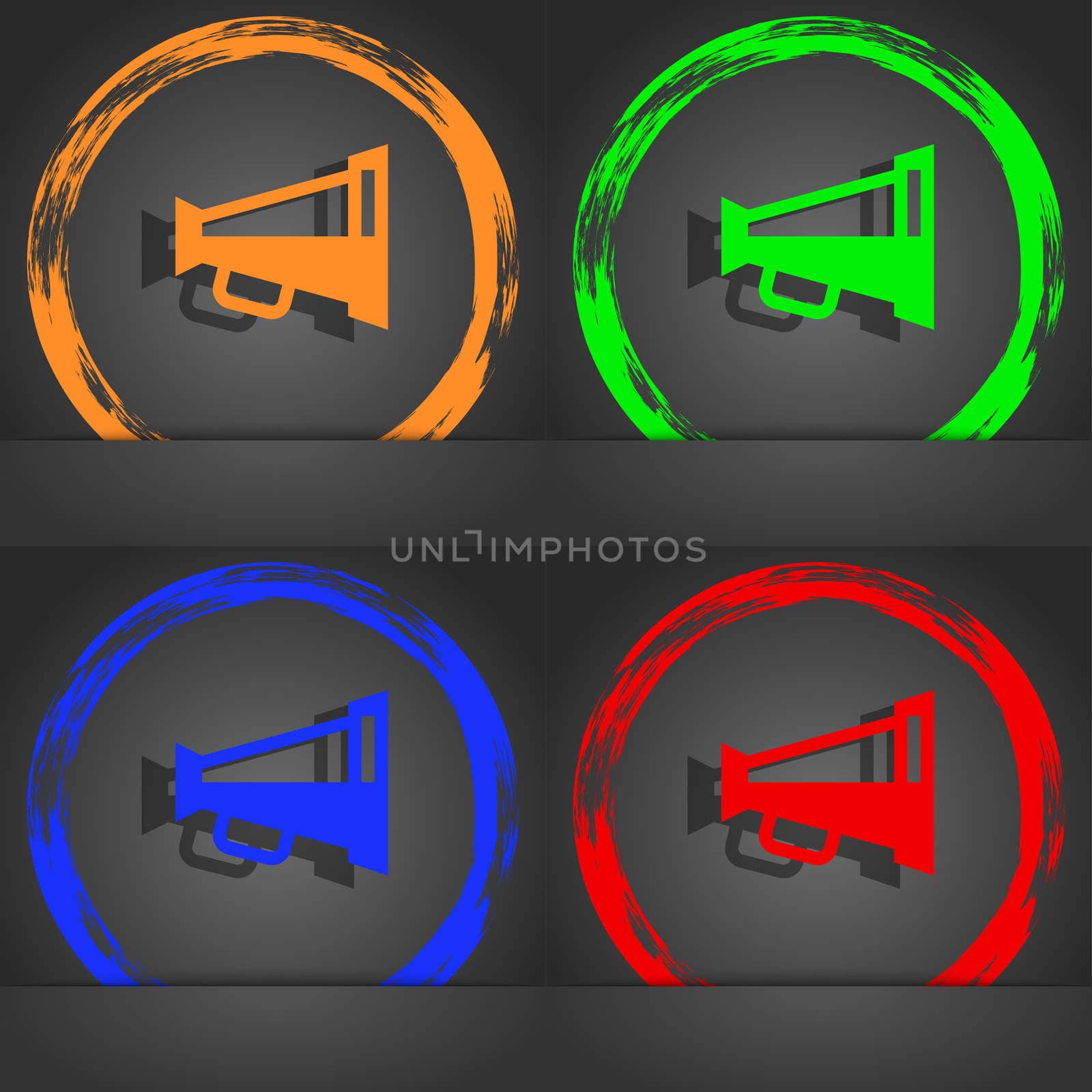 Megaphone soon, Loudspeaker icon symbol. Fashionable modern style. In the orange, green, blue, green design. illustration