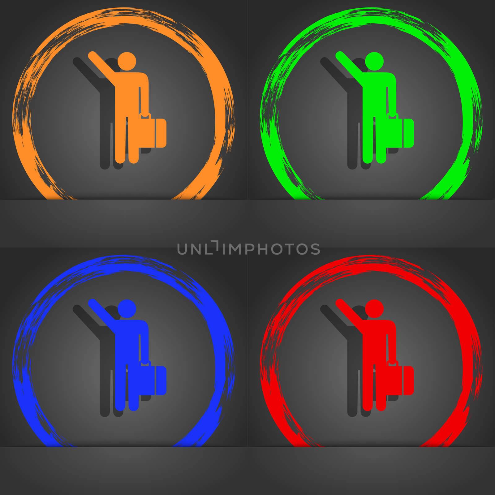 tourist icon symbol. Fashionable modern style. In the orange, green, blue, green design. illustration