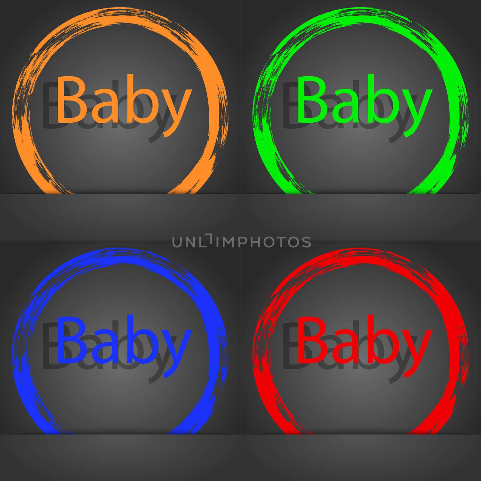 Baby on board sign icon. Infant in car caution symbol. Baby pacifier nipple. Fashionable modern style. In the orange, green, blue, red design. illustration