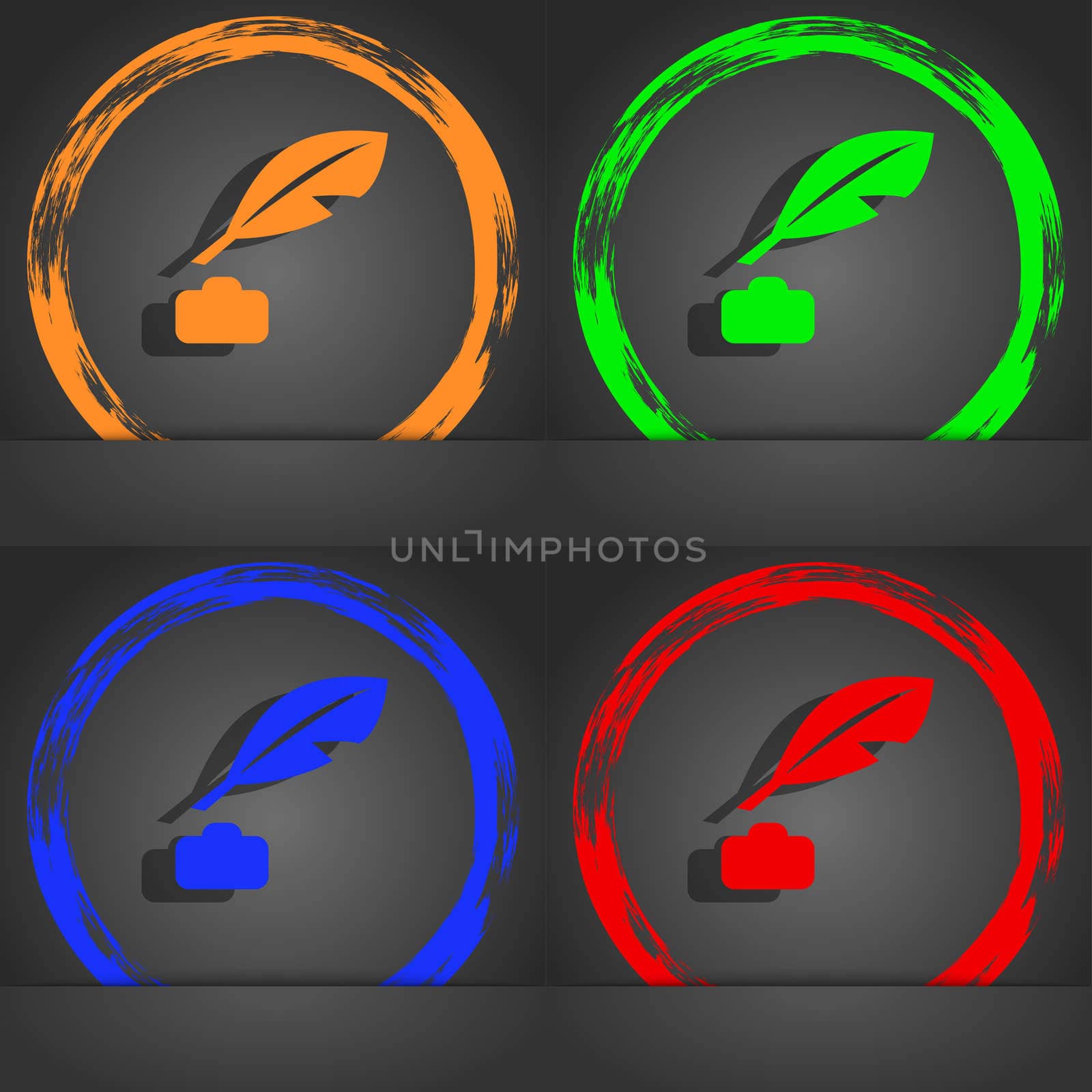 Feather, Retro pen icon symbol. Fashionable modern style. In the orange, green, blue, green design. illustration