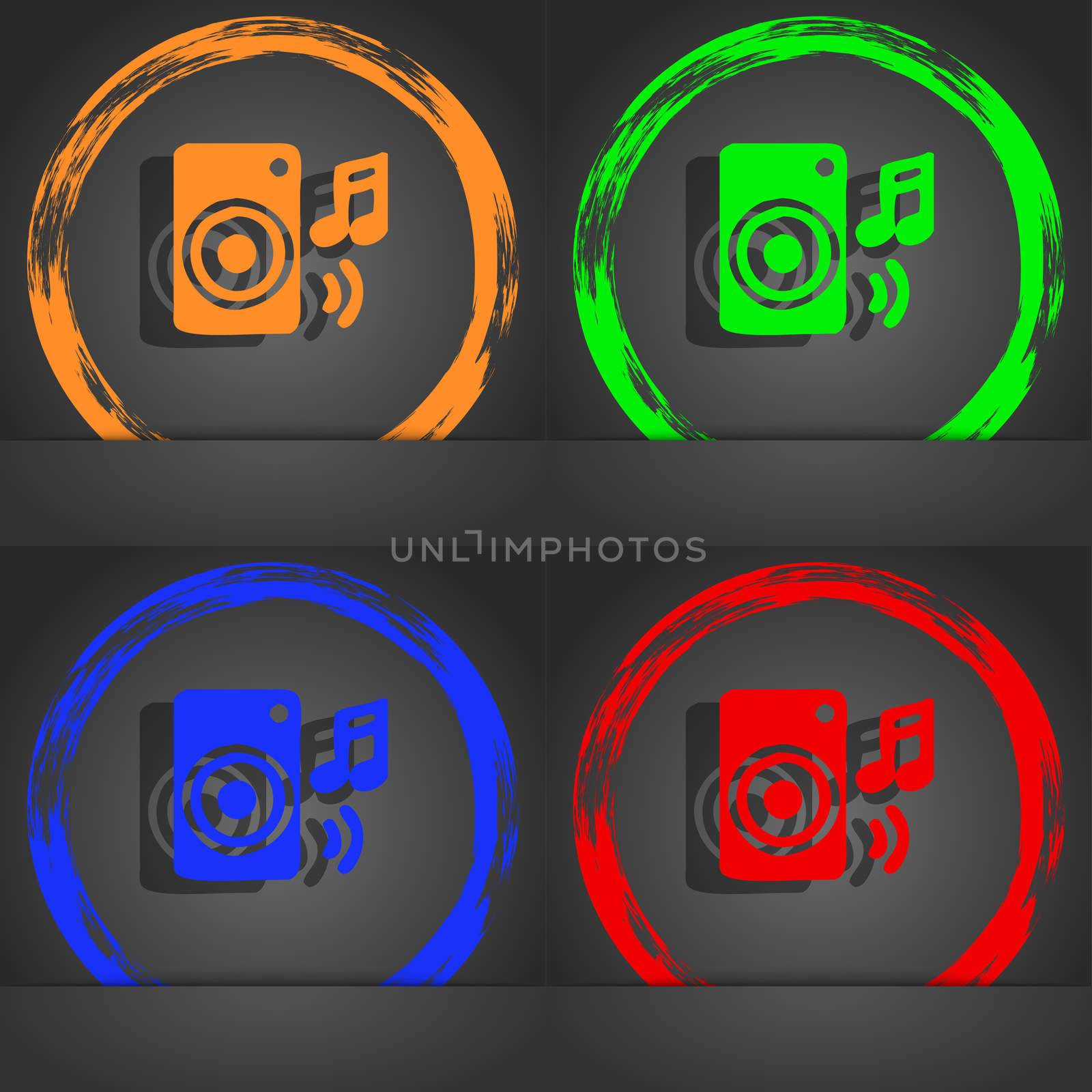 music column, disco, music, melody, speaker icon symbol. Fashionable modern style. In the orange, green, blue, green design. illustration