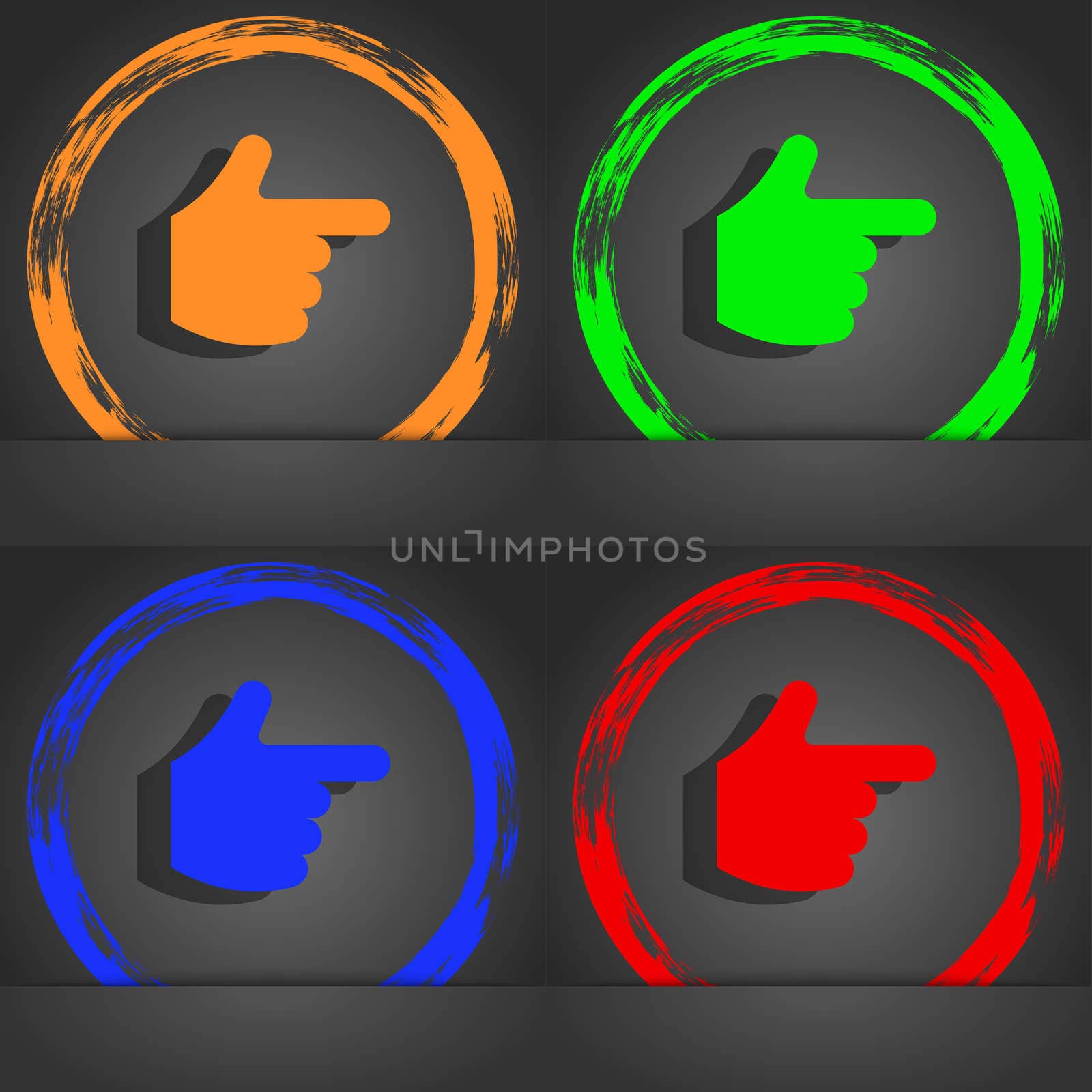 pointing hand icon symbol. Fashionable modern style. In the orange, green, blue, green design.  by serhii_lohvyniuk