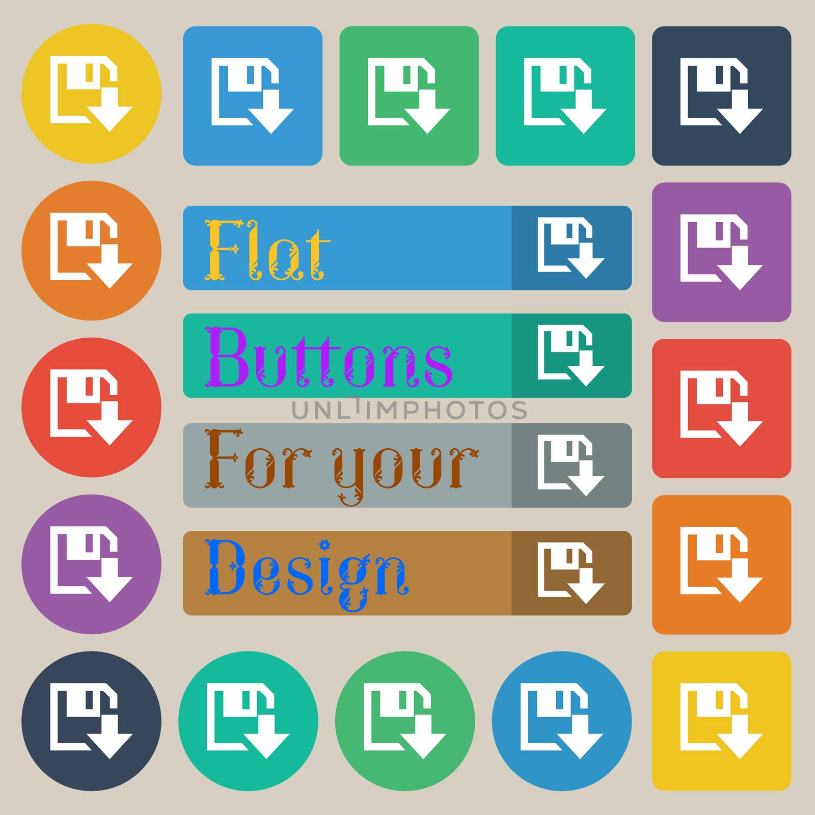 floppy icon. Flat modern design. Set of twenty colored flat, round, square and rectangular buttons. illustration