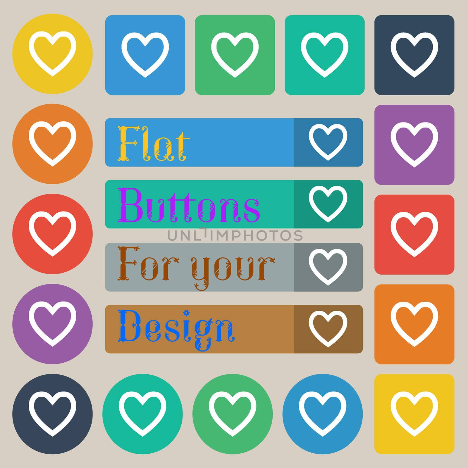 Heart sign icon. Love symbol. Set of twenty colored flat, round, square and rectangular buttons. illustration