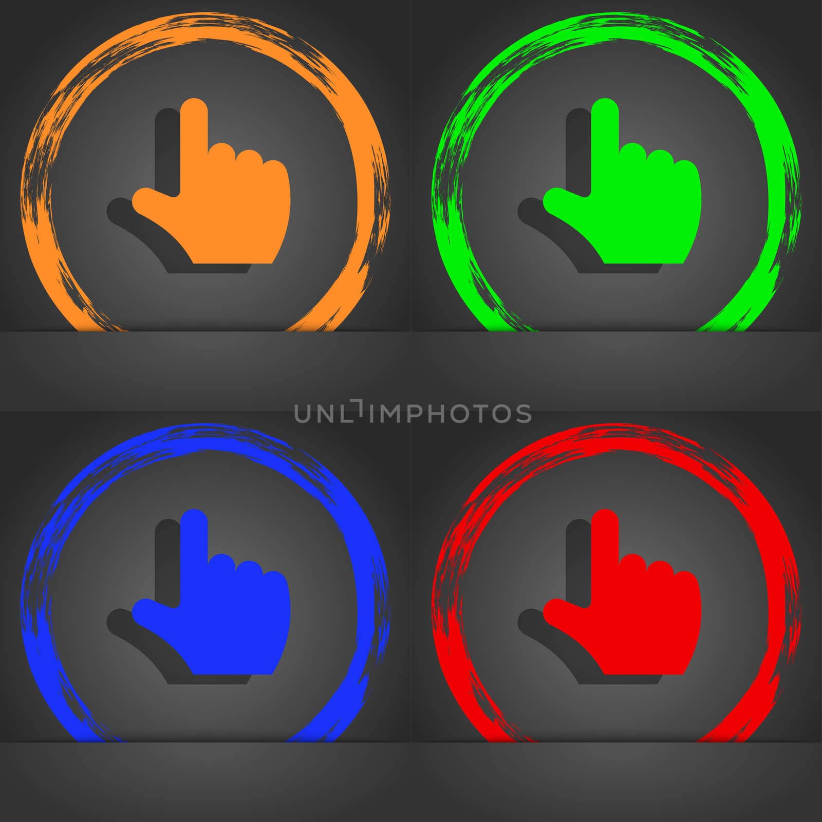 pointing hand icon symbol. Fashionable modern style. In the orange, green, blue, green design.  by serhii_lohvyniuk