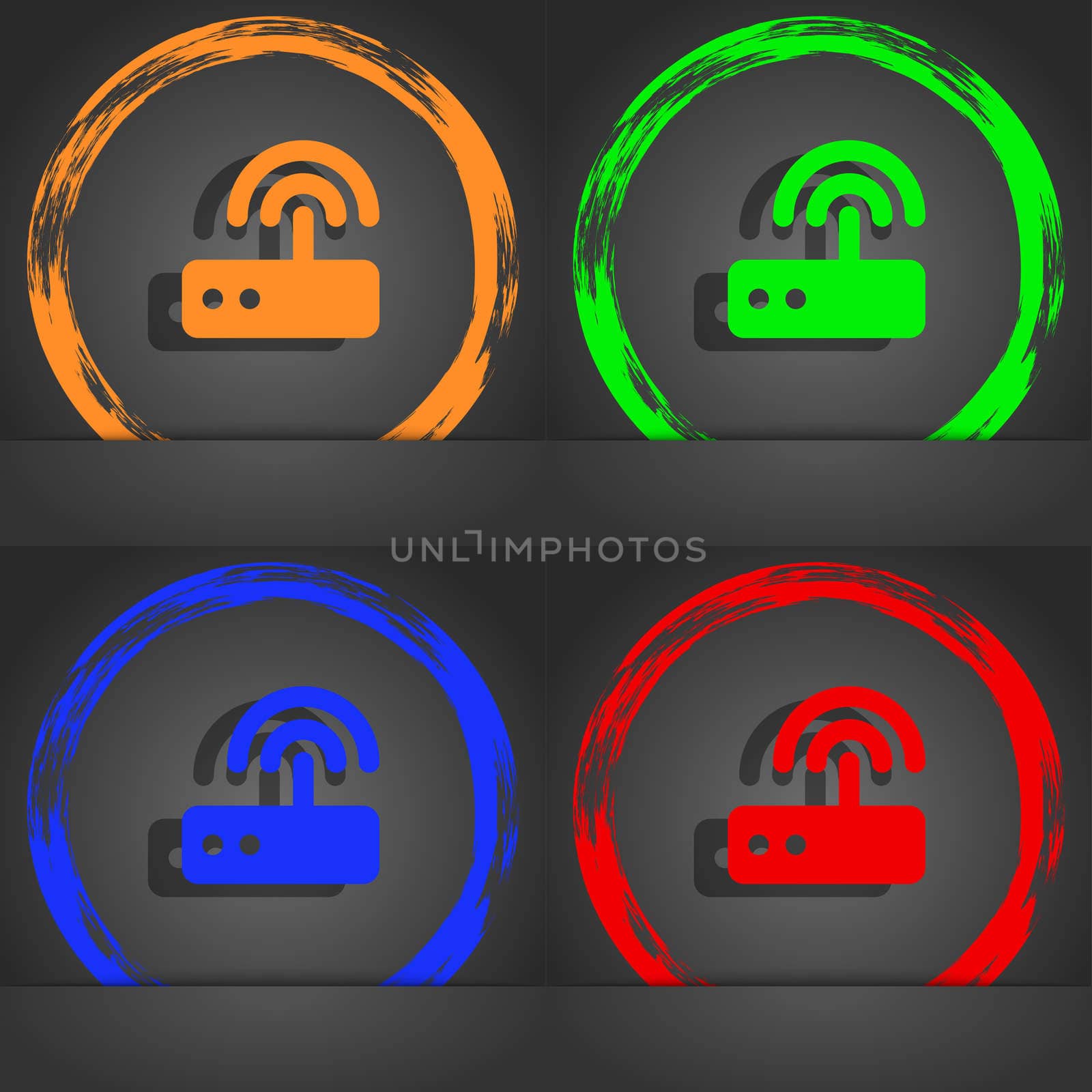 Wi fi router icon symbol. Fashionable modern style. In the orange, green, blue, green design. illustration