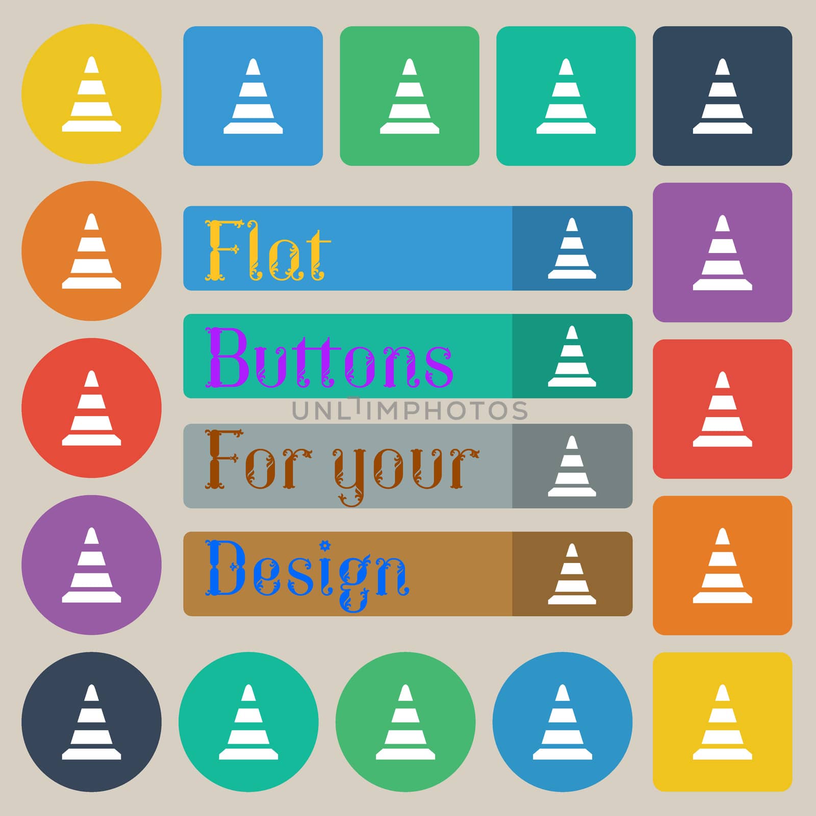 road cone icon. Set of twenty colored flat, round, square and rectangular buttons. illustration