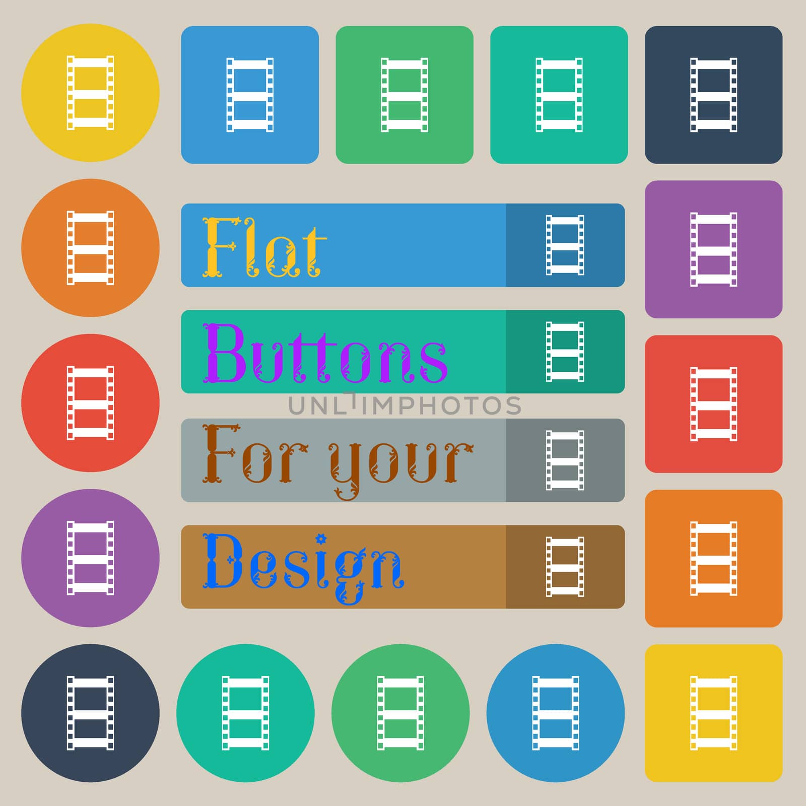 Video sign icon. Video frame symbol. Set of twenty colored flat, round, square and rectangular buttons. illustration
