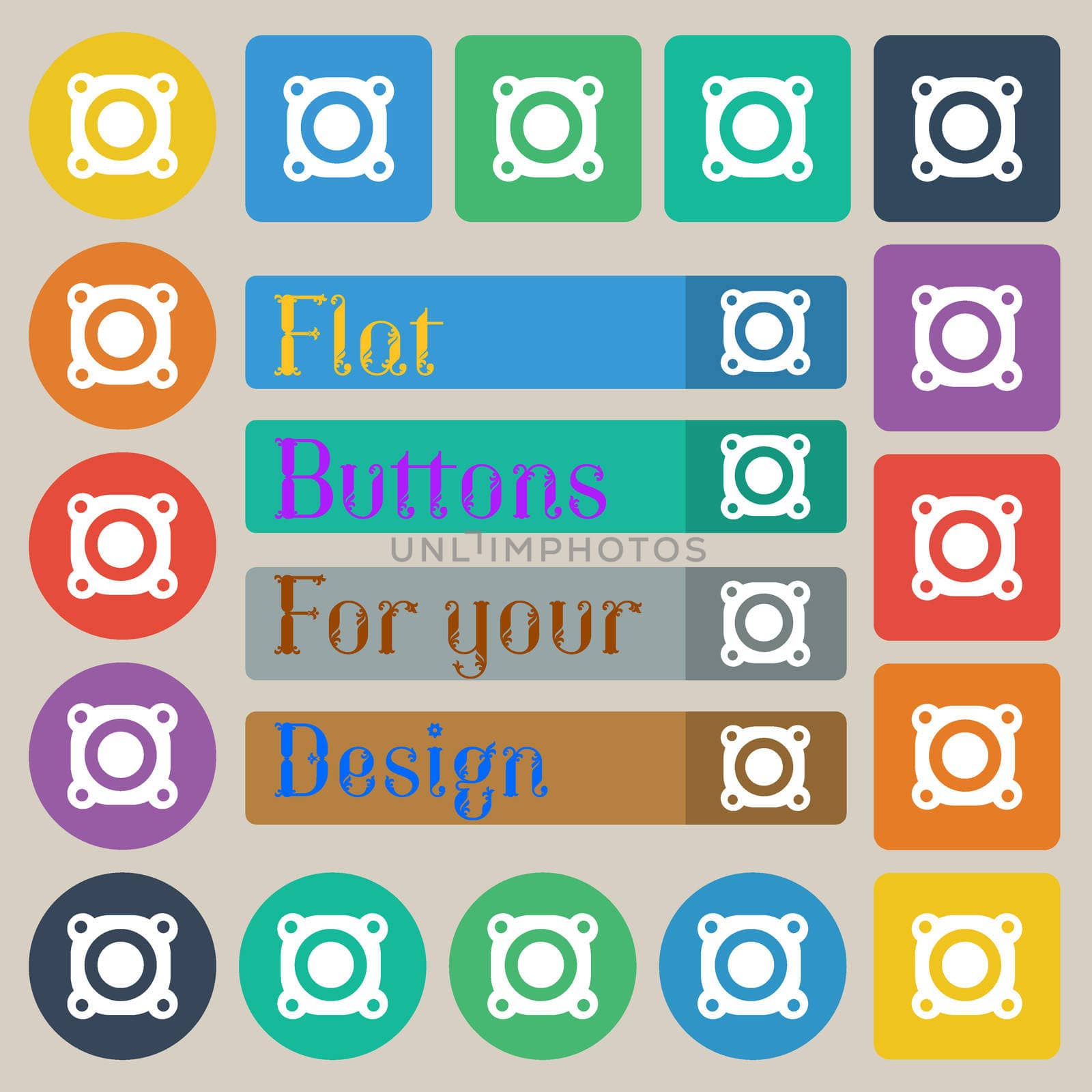 Speaker volume sign icon. Sound symbol. Set of twenty colored flat, round, square and rectangular buttons. illustration