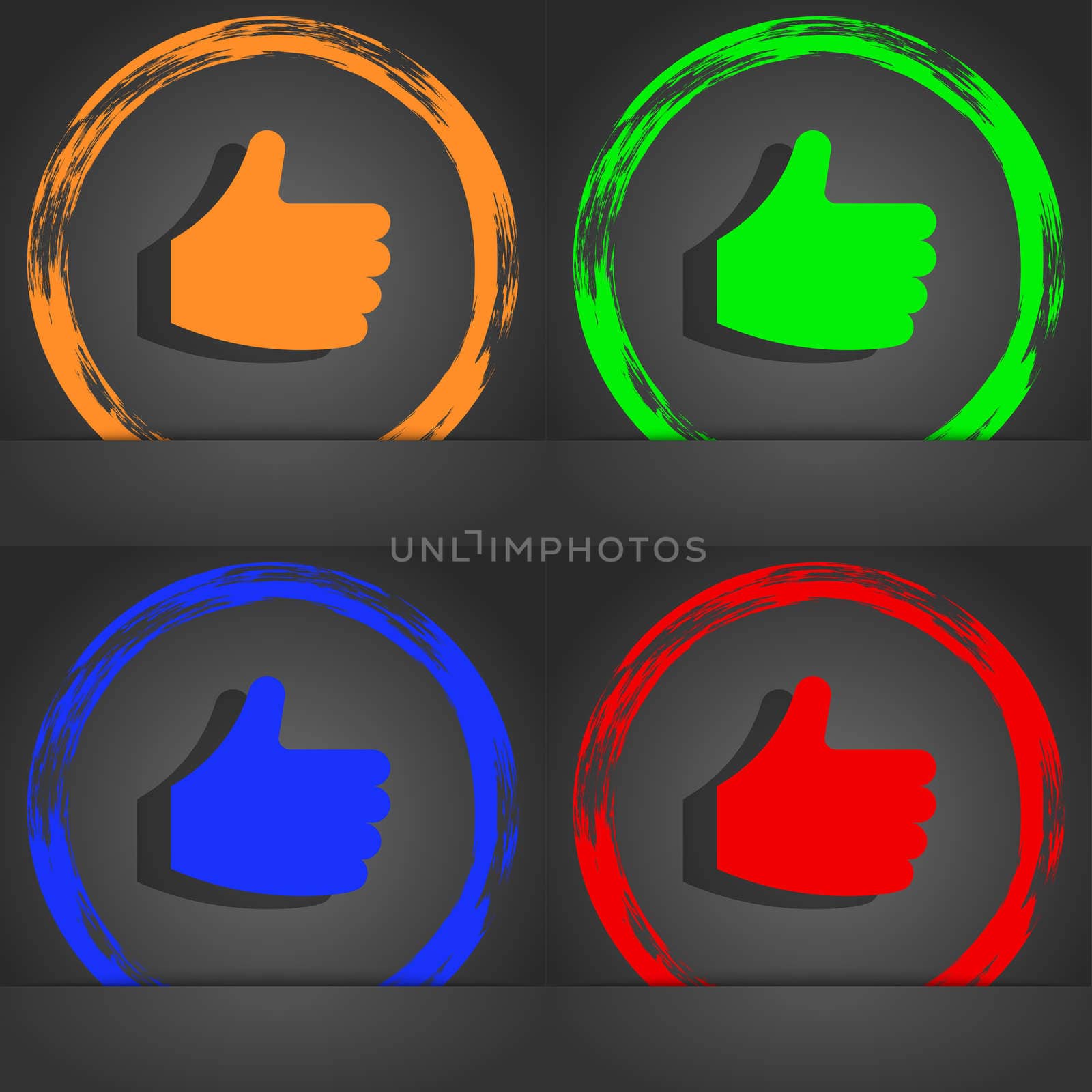 Like, Thumb up icon symbol. Fashionable modern style. In the orange, green, blue, green design. illustration