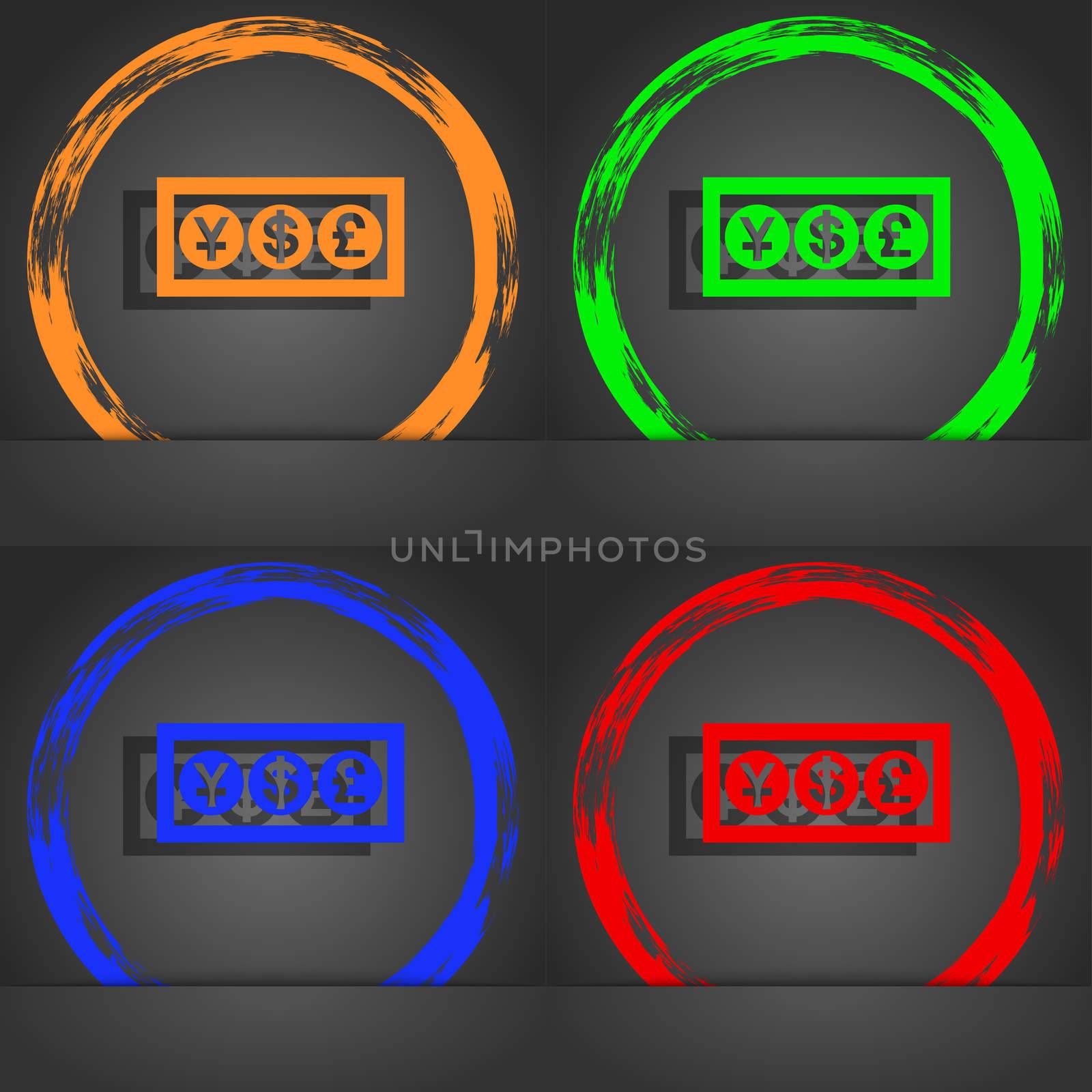 Cash currency icon symbol. Fashionable modern style. In the orange, green, blue, green design. illustration