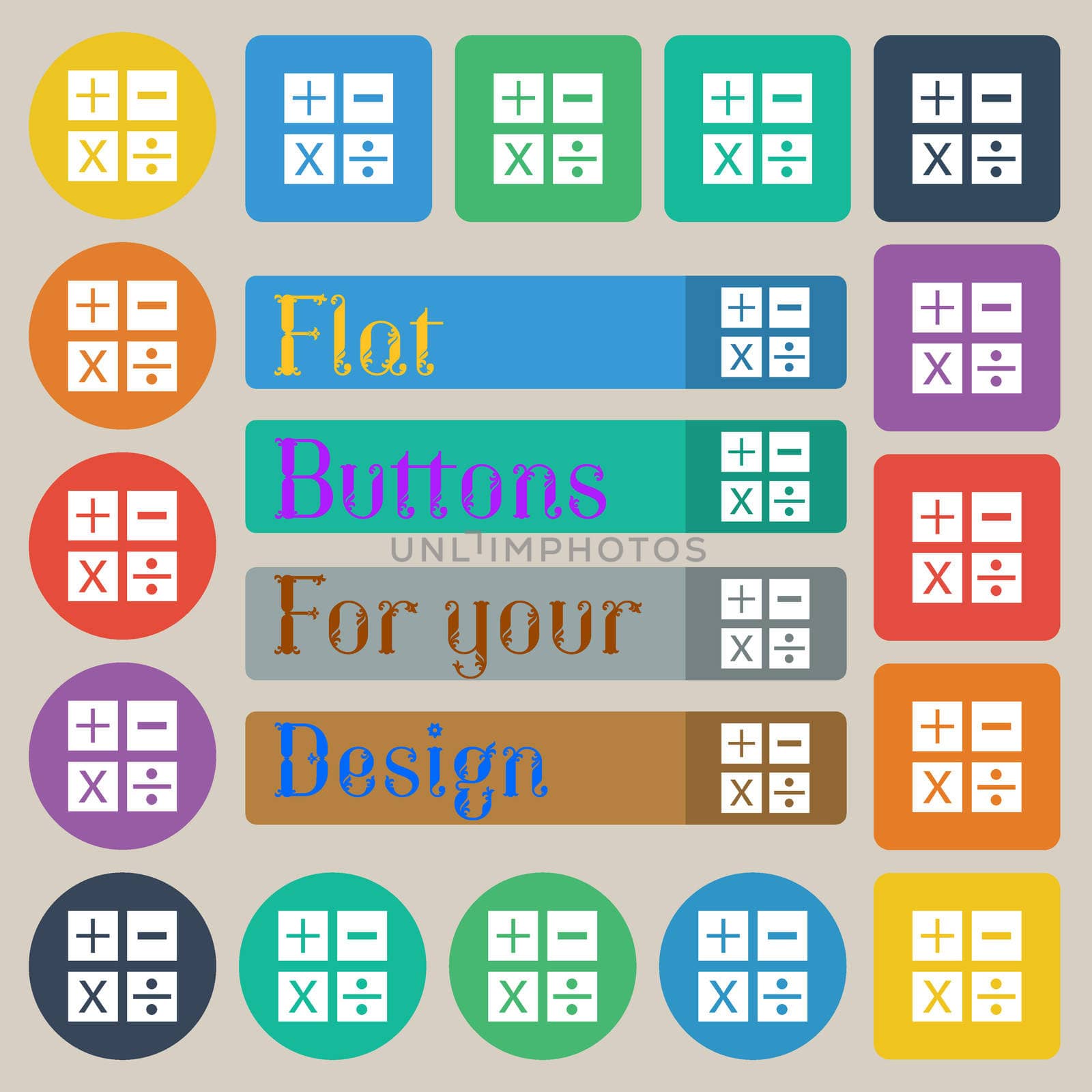 Multiplication, division, plus, minus icon Math symbol Mathematics. Set of twenty colored flat, round, square and rectangular buttons. illustration