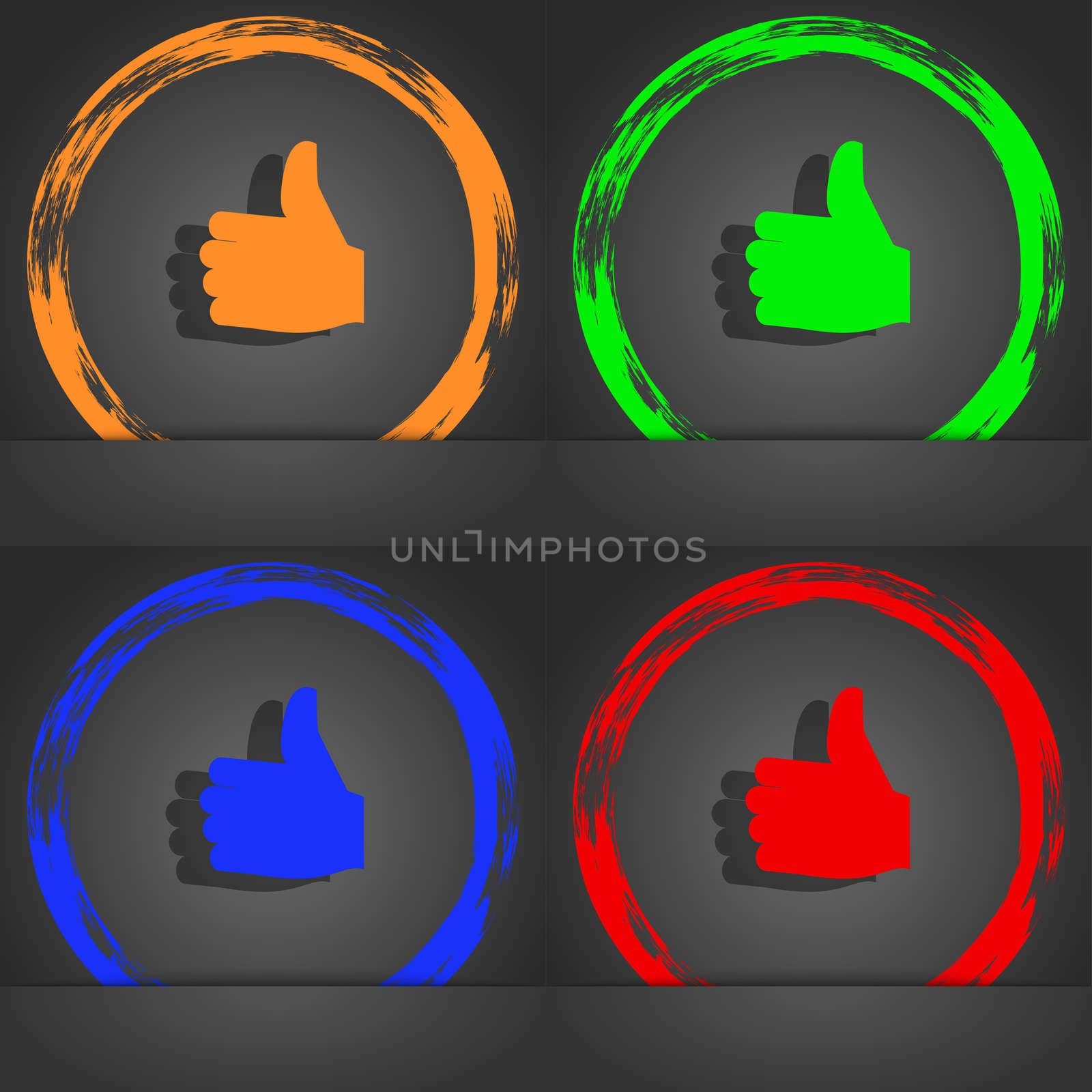 Like, Thumb up icon symbol. Fashionable modern style. In the orange, green, blue, green design. illustration