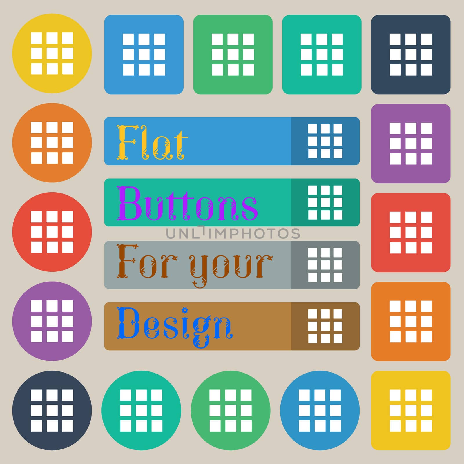 List sign icon. Content view option symbol. Set of twenty colored flat, round, square and rectangular buttons. illustration