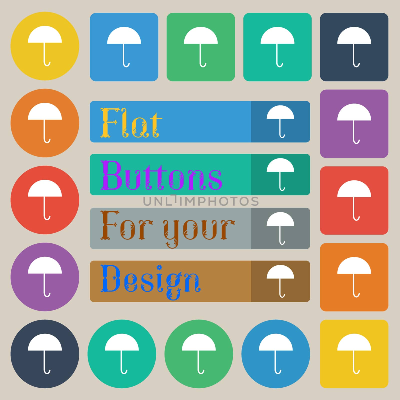Umbrella sign icon. Rain protection symbol. Set of twenty colored flat, round, square and rectangular buttons. illustration