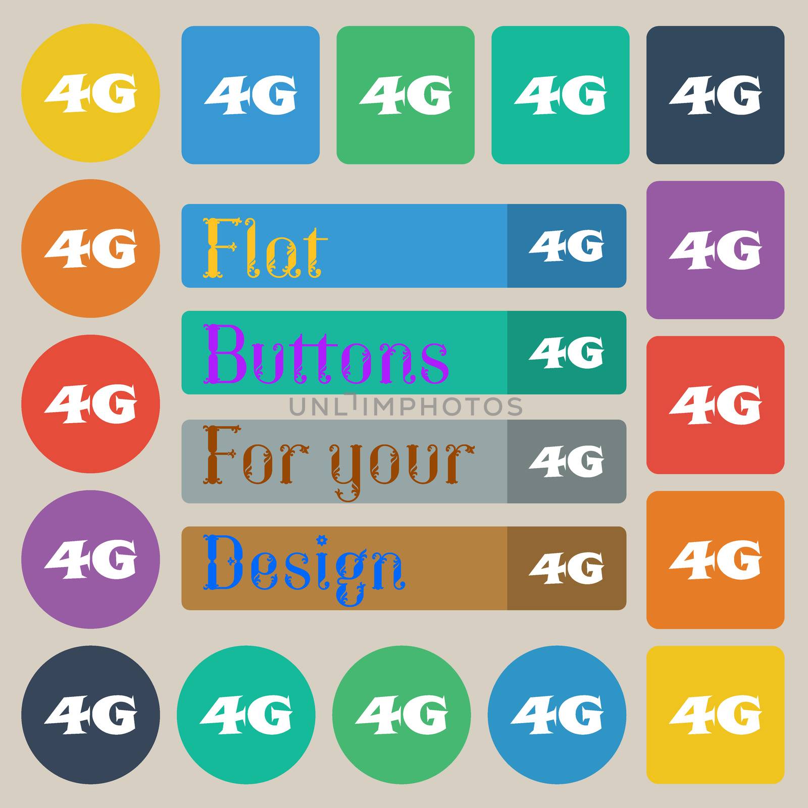 4G sign icon. Mobile telecommunications technology symbol. Set of twenty colored flat, round, square and rectangular buttons. illustration