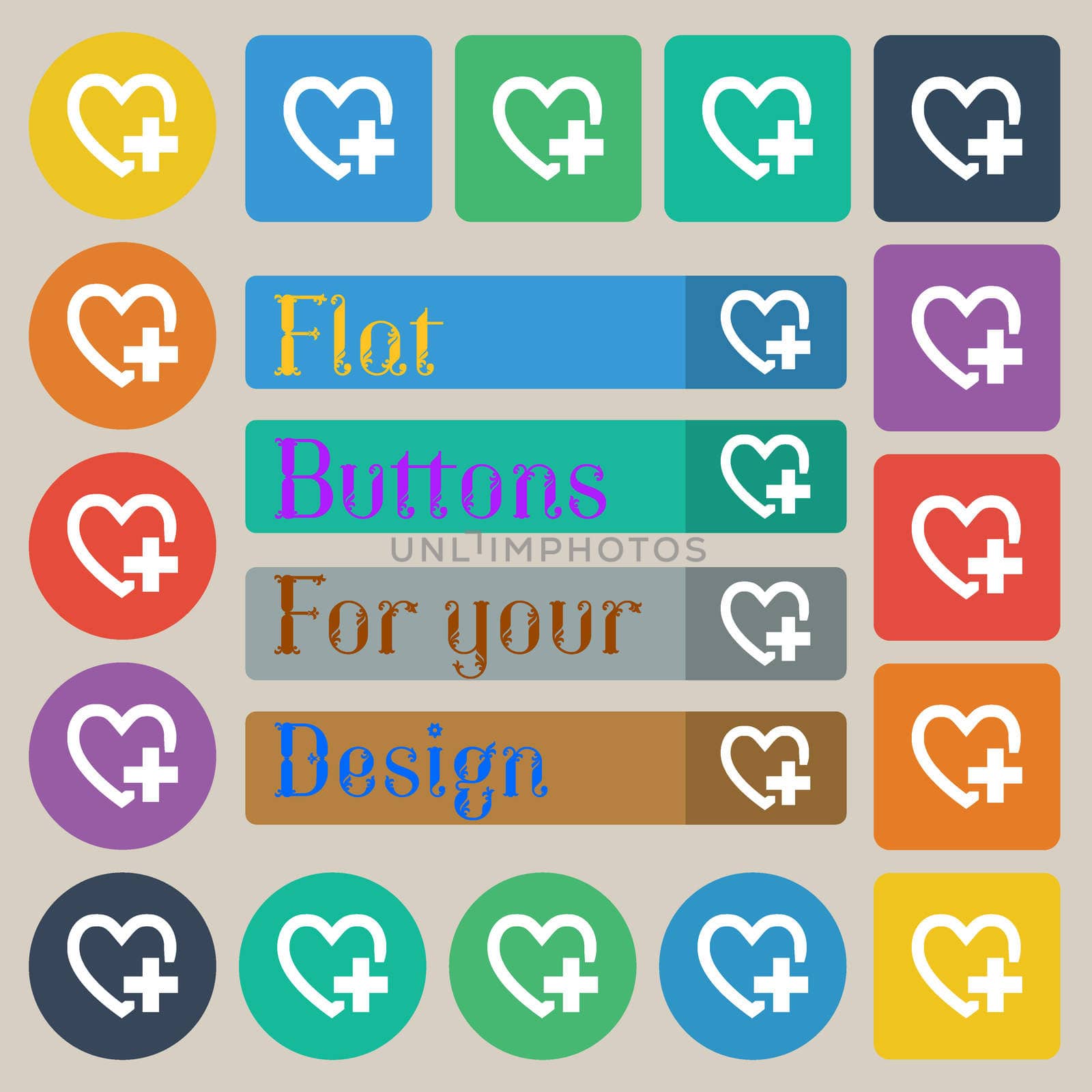 Heart sign icon. Love symbol. Set of twenty colored flat, round, square and rectangular buttons.  by serhii_lohvyniuk