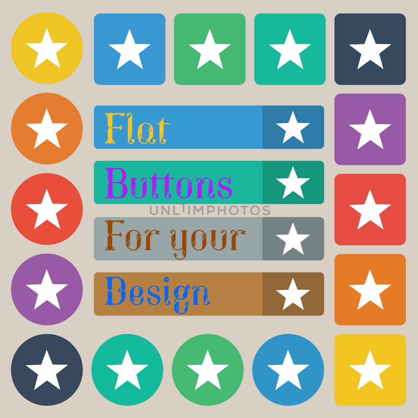 Star sign icon. Favorite button. Navigation symbol. Set of twenty colored flat, round, square and rectangular buttons. illustration