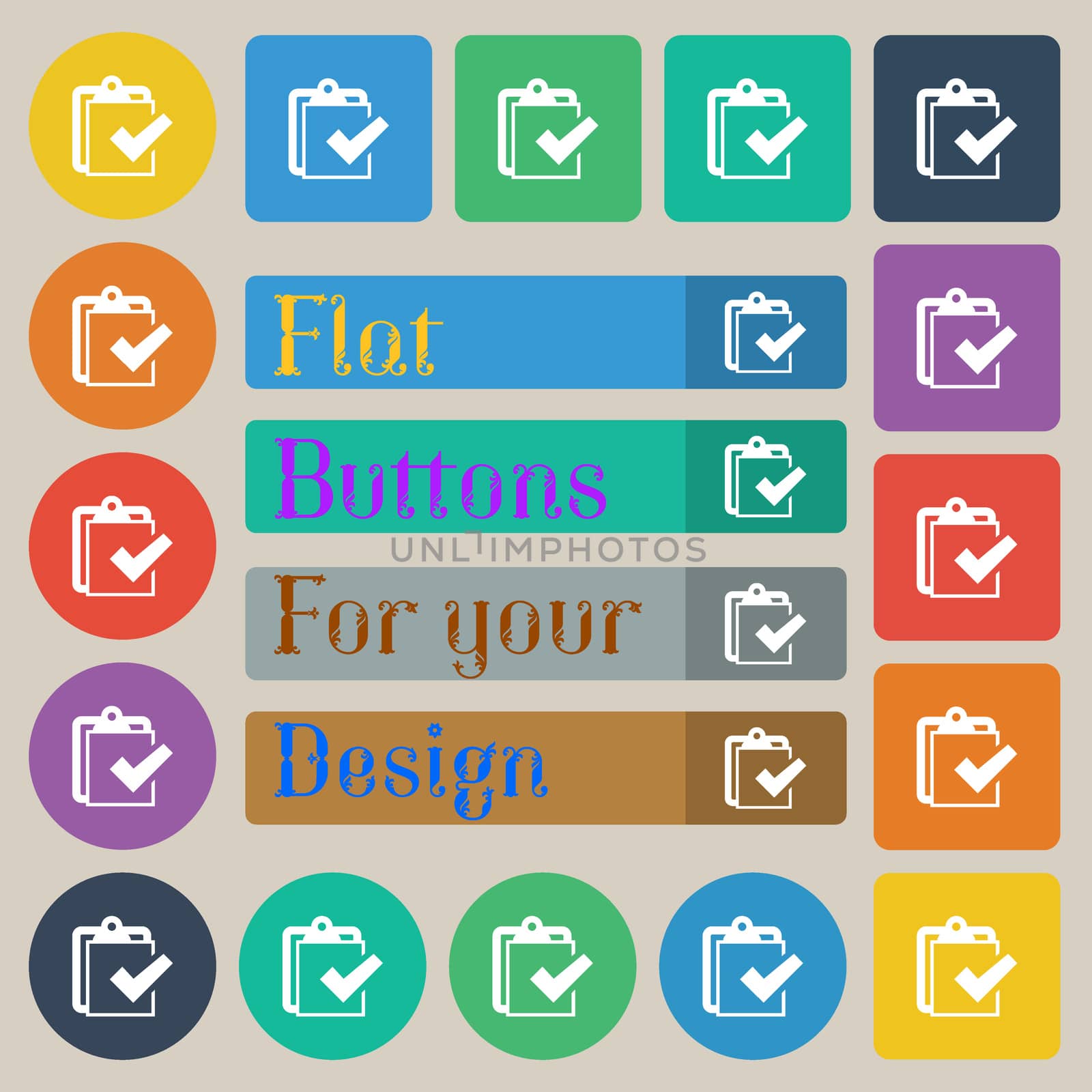 Edit document sign icon. Set of twenty colored flat, round, square and rectangular buttons. illustration