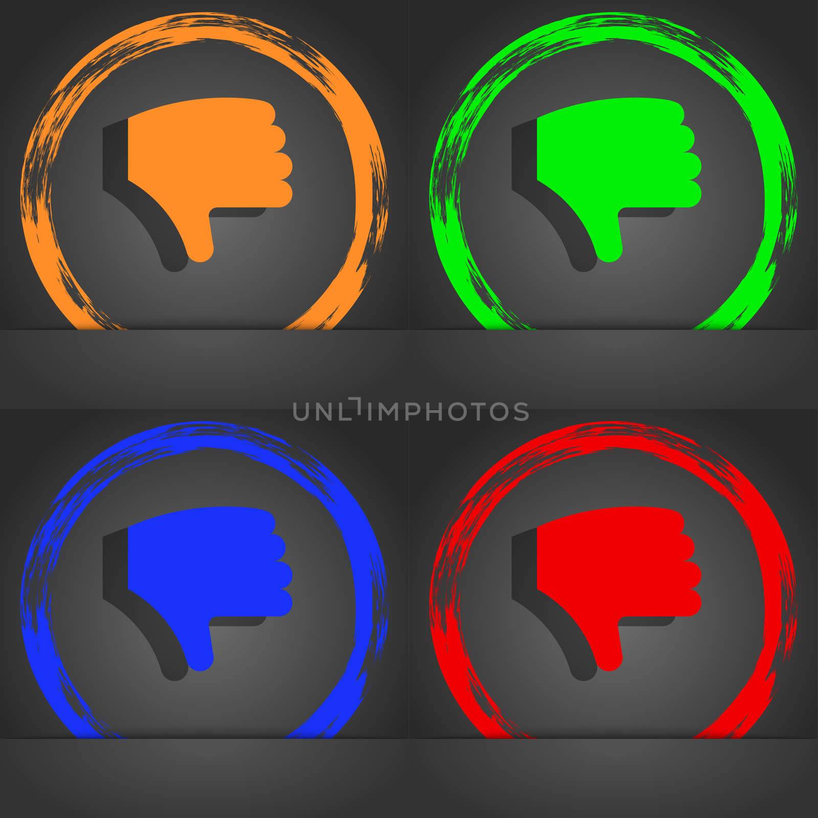 Dislike, Thumb down, Hand finger down icon symbol. Fashionable modern style. In the orange, green, blue, green design. illustration