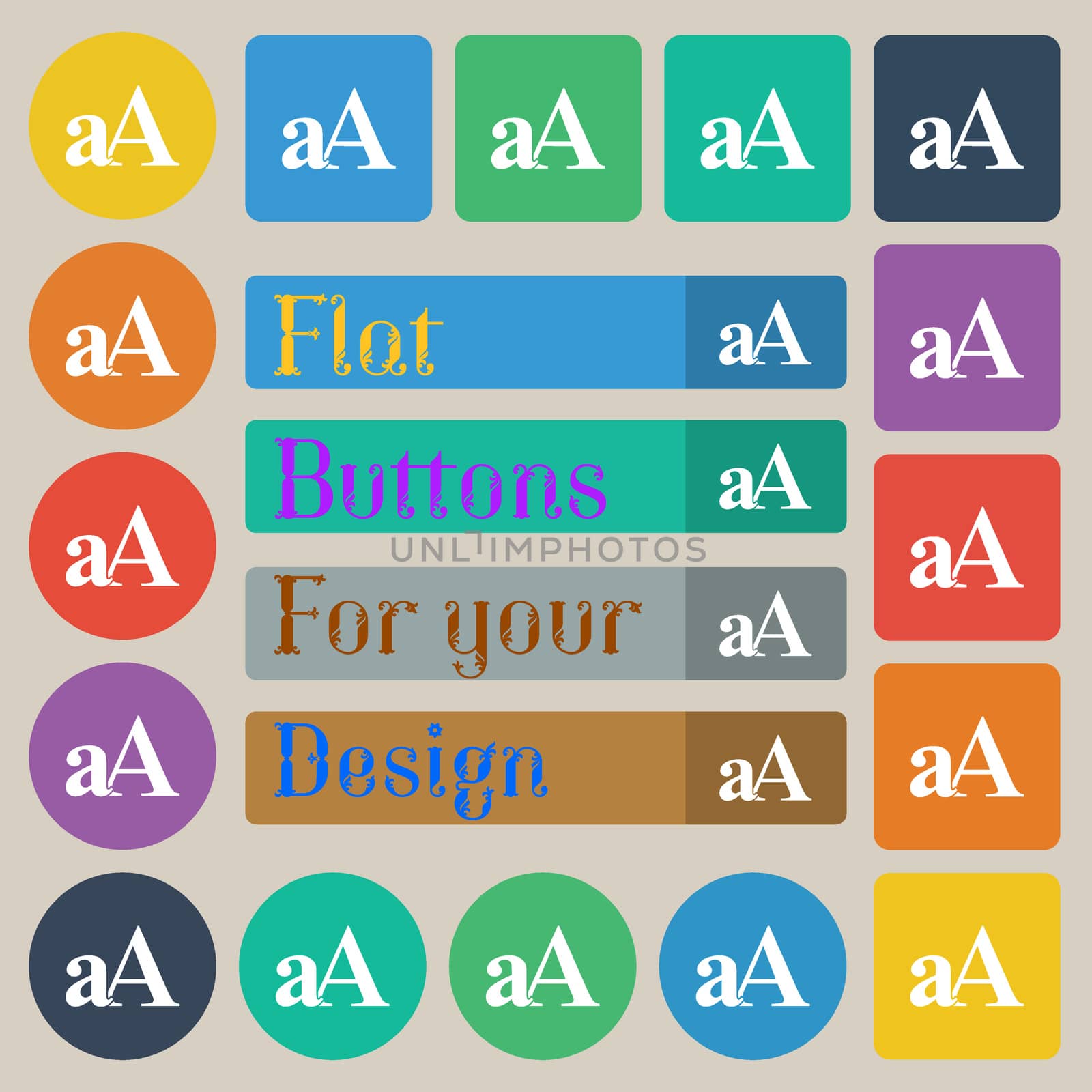Enlarge font, aA icon sign. Set of twenty colored flat, round, square and rectangular buttons. illustration