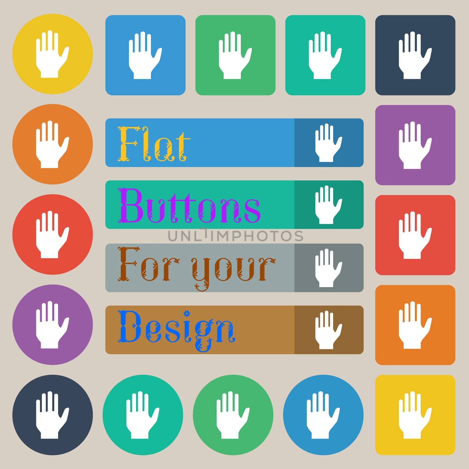 Hand print sign icon. Stop symbol. Set of twenty colored flat, round, square and rectangular buttons. illustration