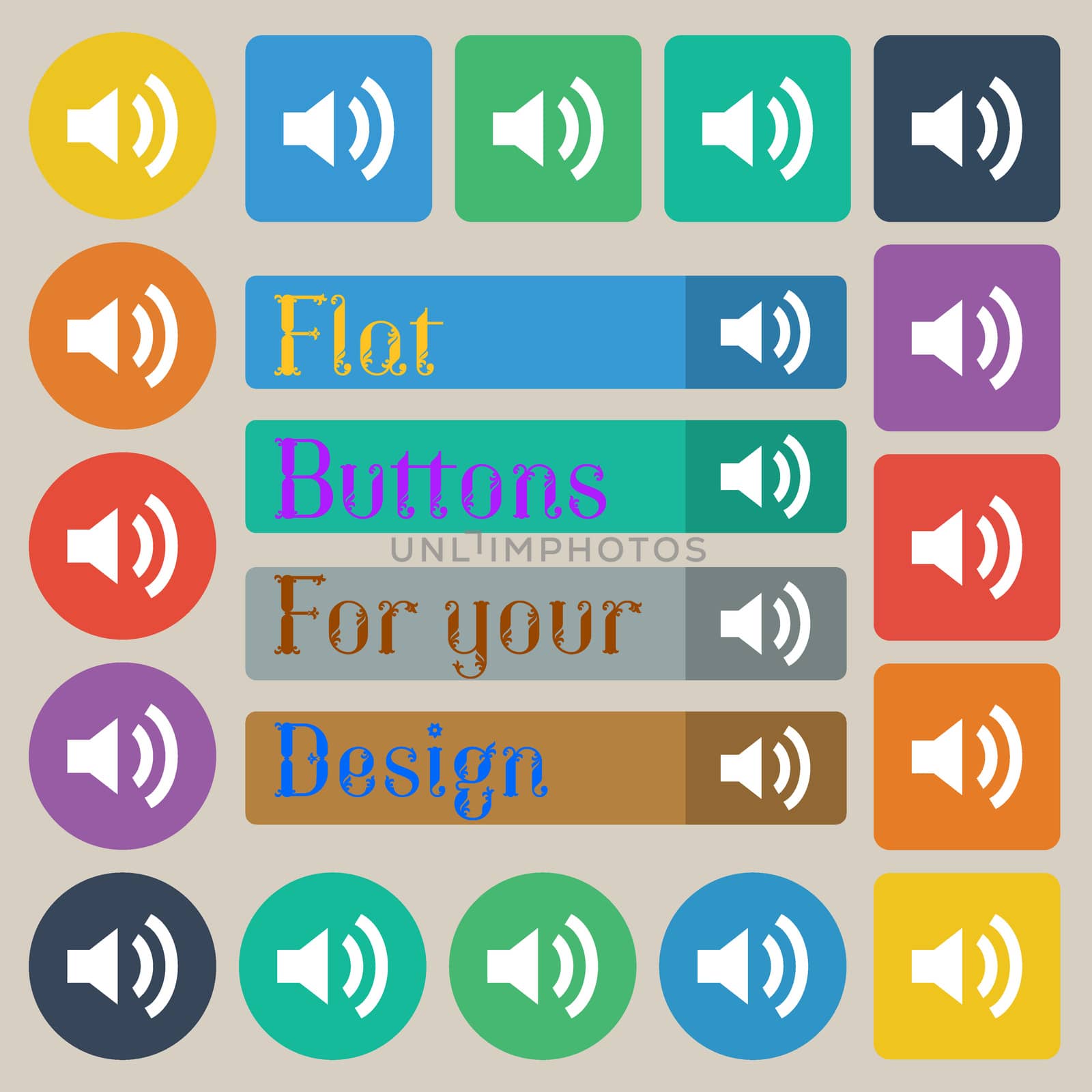 Speaker volume sign icon. Sound symbol. Set of twenty colored flat, round, square and rectangular buttons. illustration