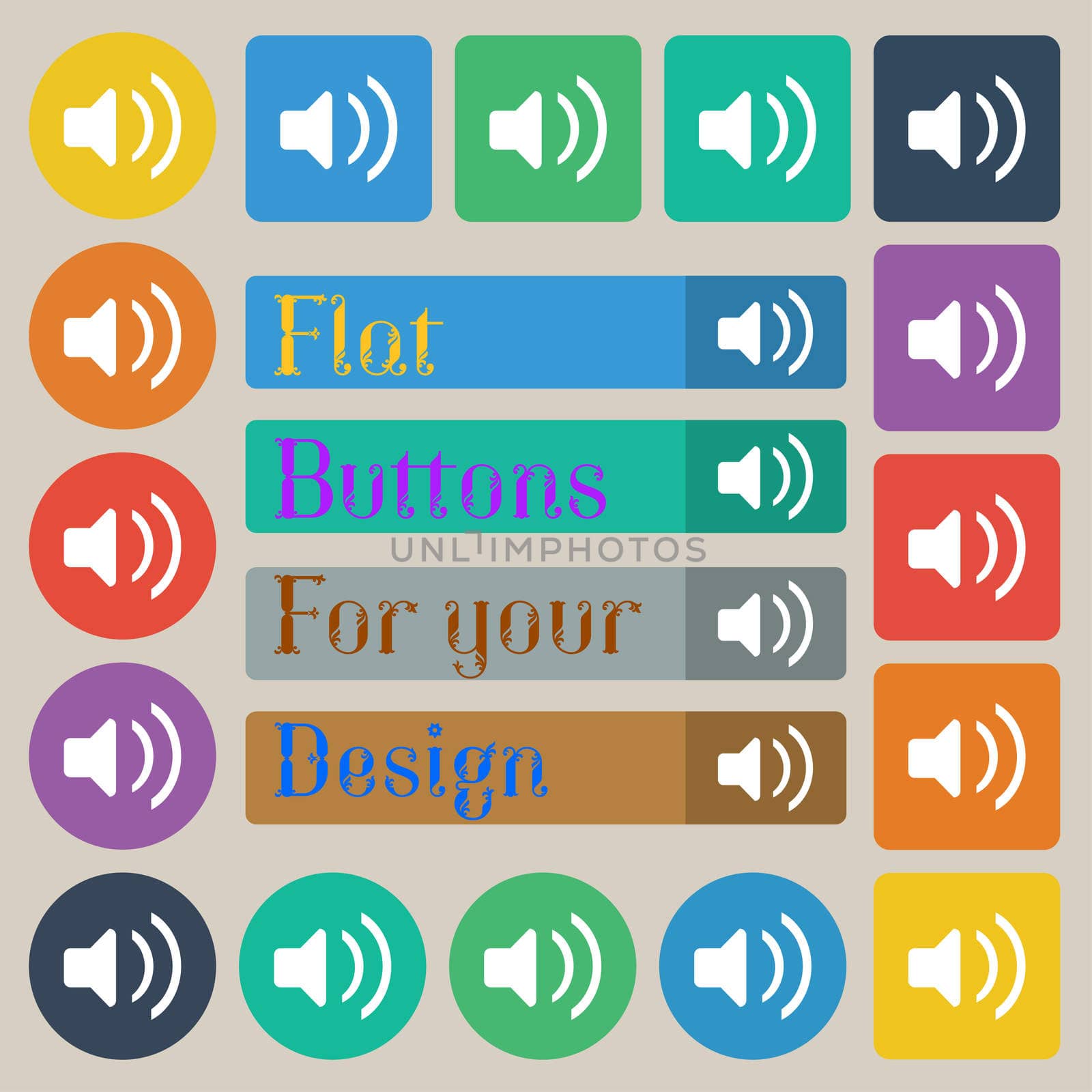 Speaker volume, Sound icon sign. Set of twenty colored flat, round, square and rectangular buttons. illustration