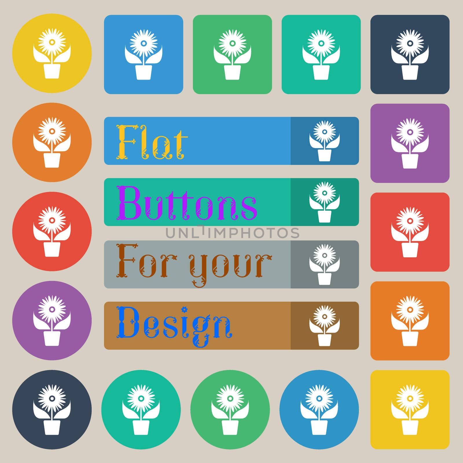 Flowers in pot icon sign. Set of twenty colored flat, round, square and rectangular buttons. illustration