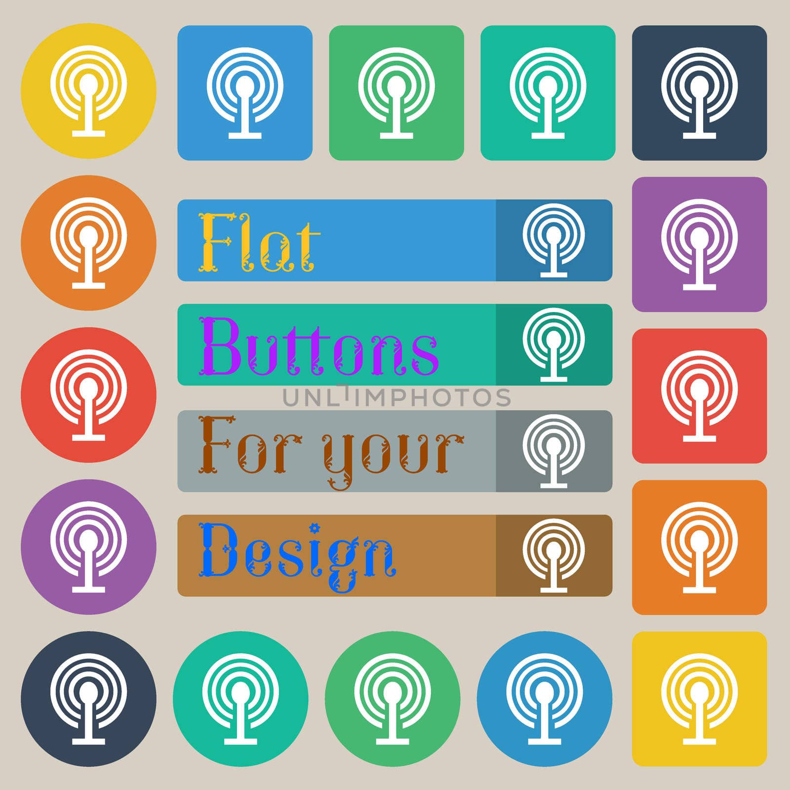 Wifi sign. Wi-fi symbol. Wireless Network icon zone. Set of twenty colored flat, round, square and rectangular buttons. illustration