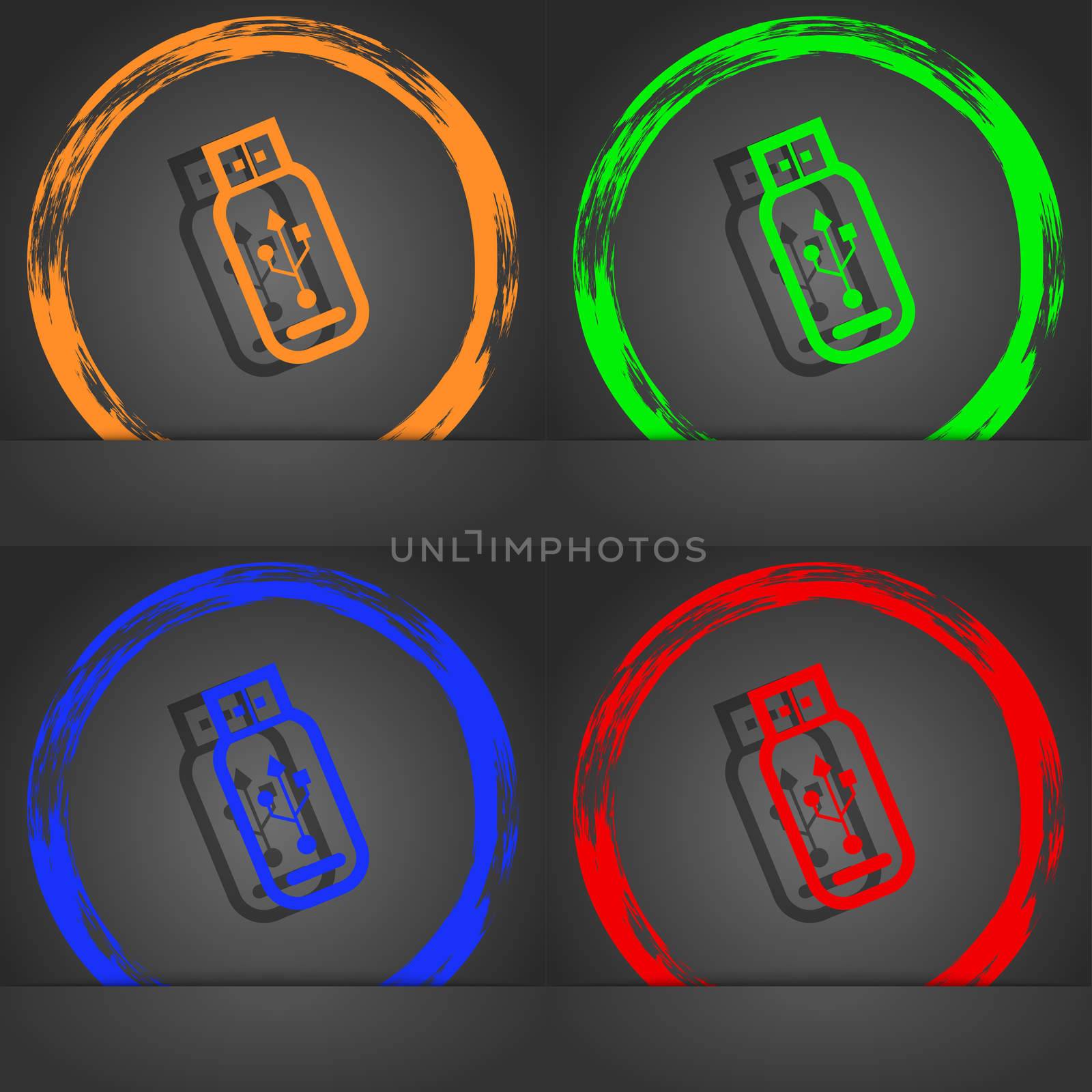 Usb flash drive icon symbol. Fashionable modern style. In the orange, green, blue, green design. illustration