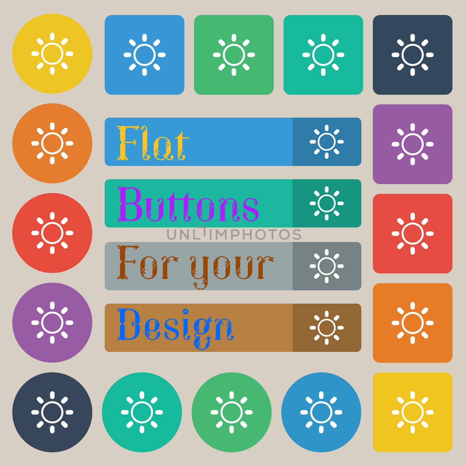 Brightness icon sign. Set of twenty colored flat, round, square and rectangular buttons.  by serhii_lohvyniuk