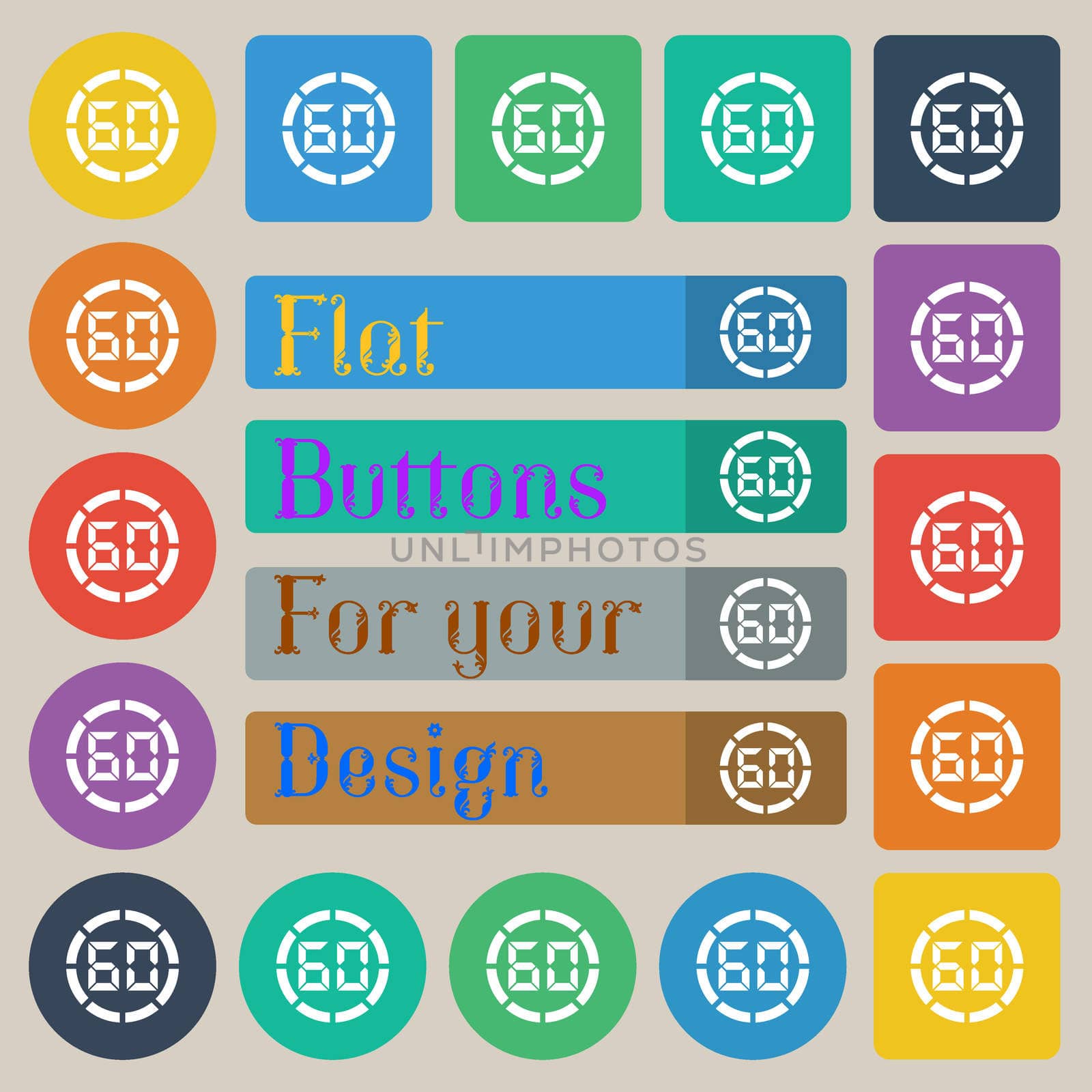60 second stopwatch icon sign. Set of twenty colored flat, round, square and rectangular buttons.  by serhii_lohvyniuk