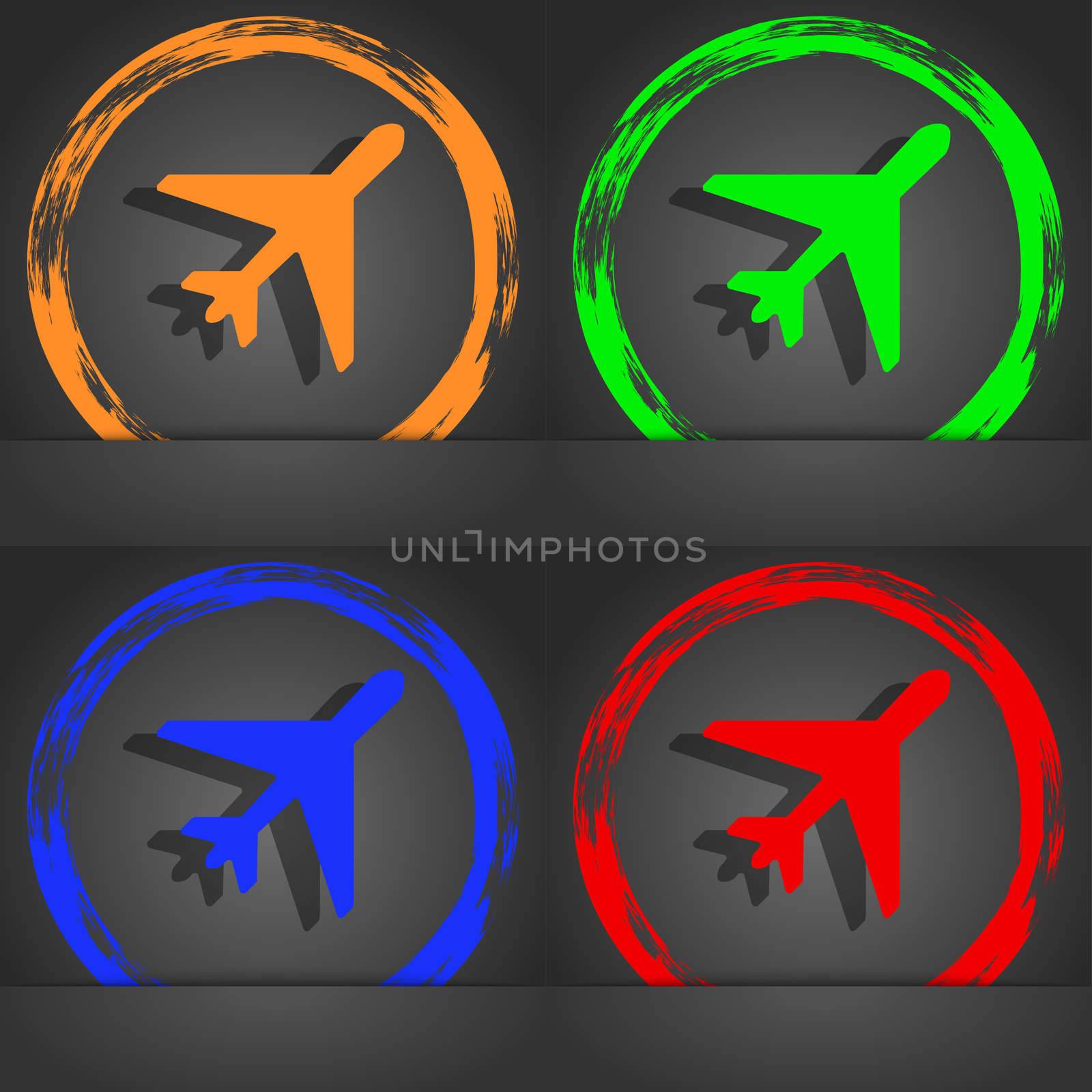 airplane icon symbol. Fashionable modern style. In the orange, green, blue, green design.  by serhii_lohvyniuk